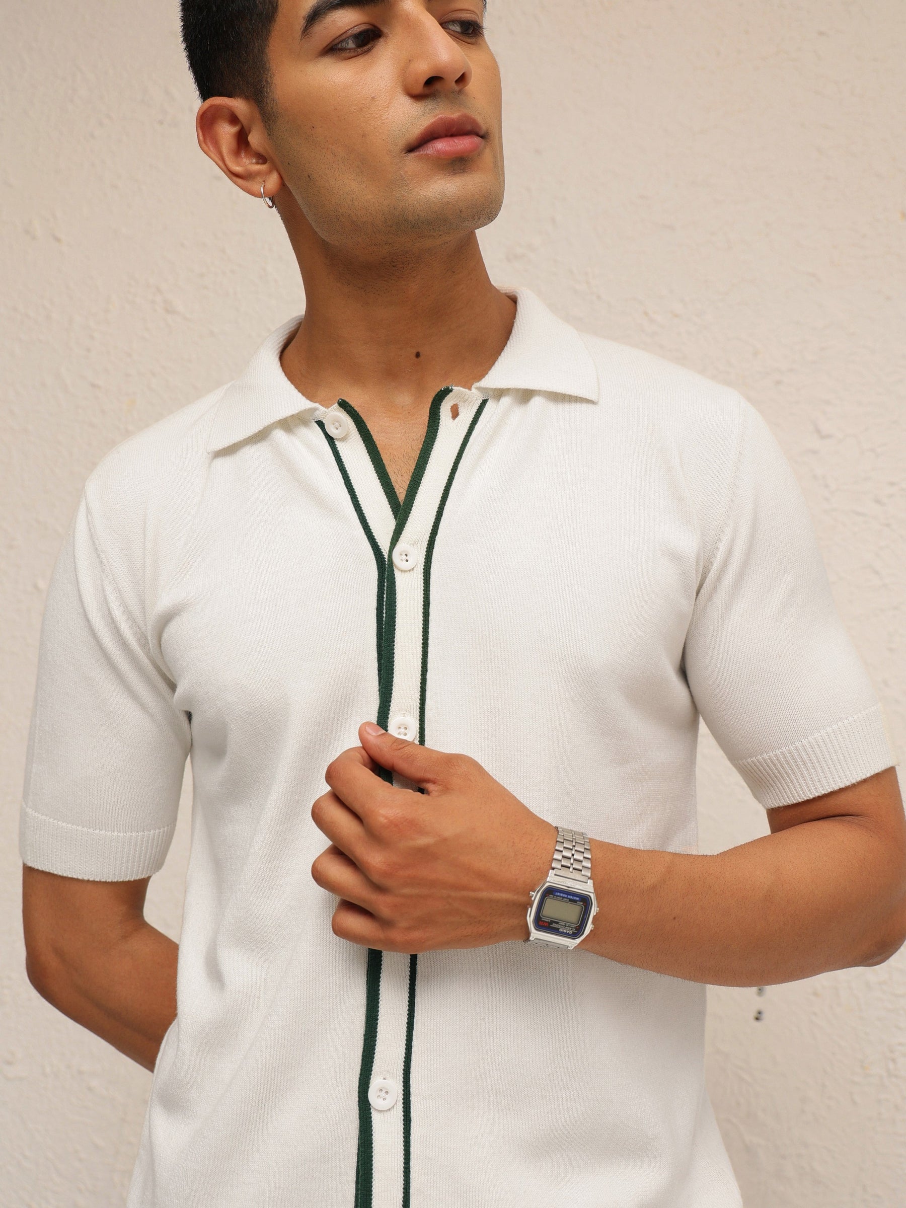 White Knitted Relax Fit Front Button Open T-Shirt-MASCLN SASSAFRAS