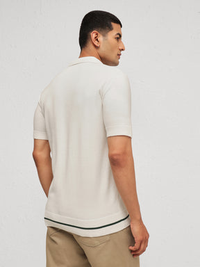 Men White Knitted Relax Fit Front Button Open T-Shirt