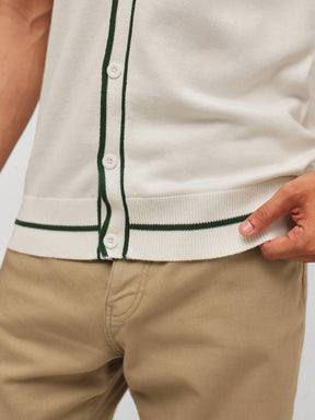 Men White Knitted Relax Fit Front Button Open T-Shirt