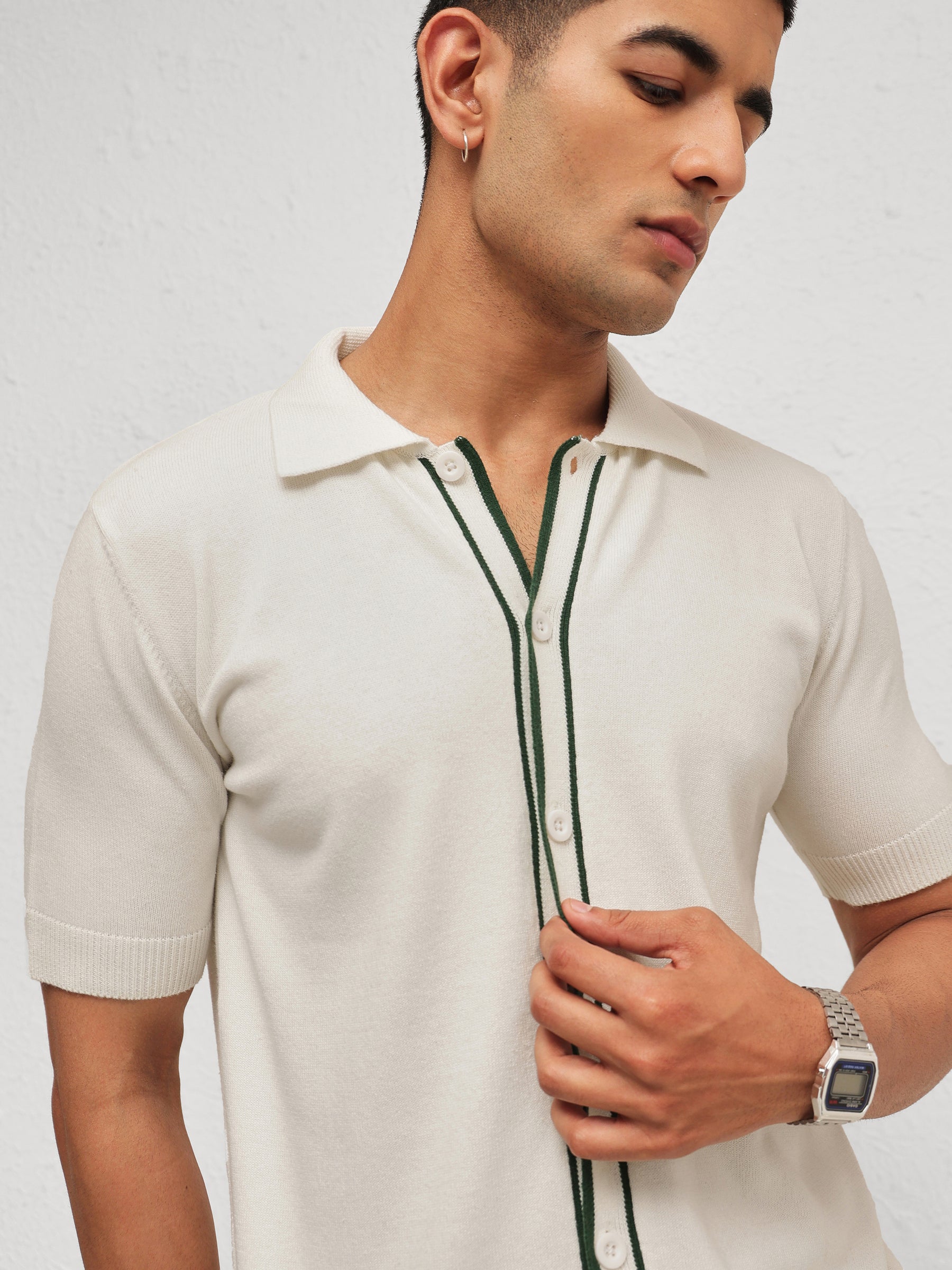 Men White Knitted Relax Fit Front Button Open T-Shirt