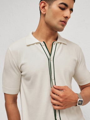 Men White Knitted Relax Fit Front Button Open T-Shirt
