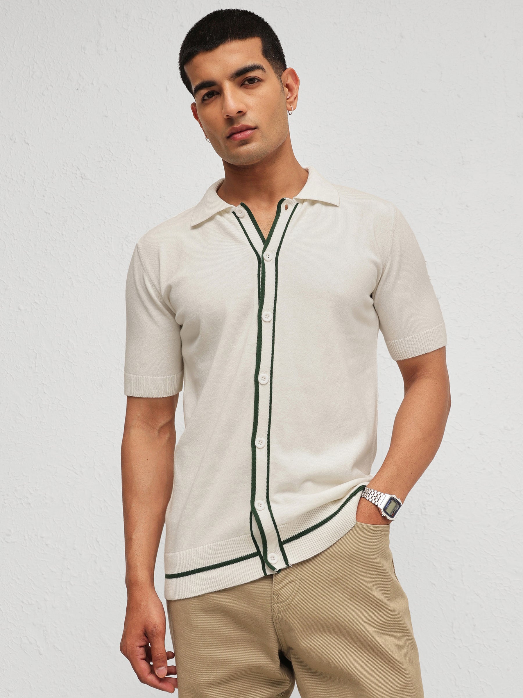 Men White Knitted Relax Fit Front Button Open T-Shirt