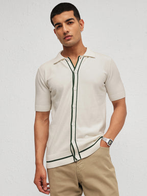 Men White Knitted Relax Fit Front Button Open T-Shirt