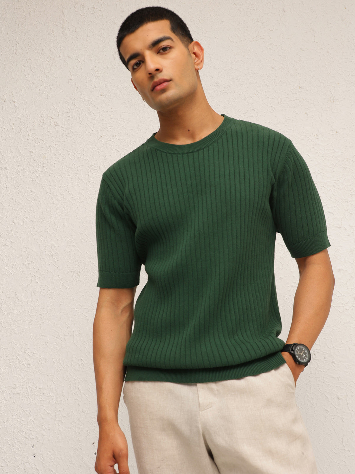 Emelard Green Round Neck Relax Fit T-Shirt-MASCLN SASSAFRAS