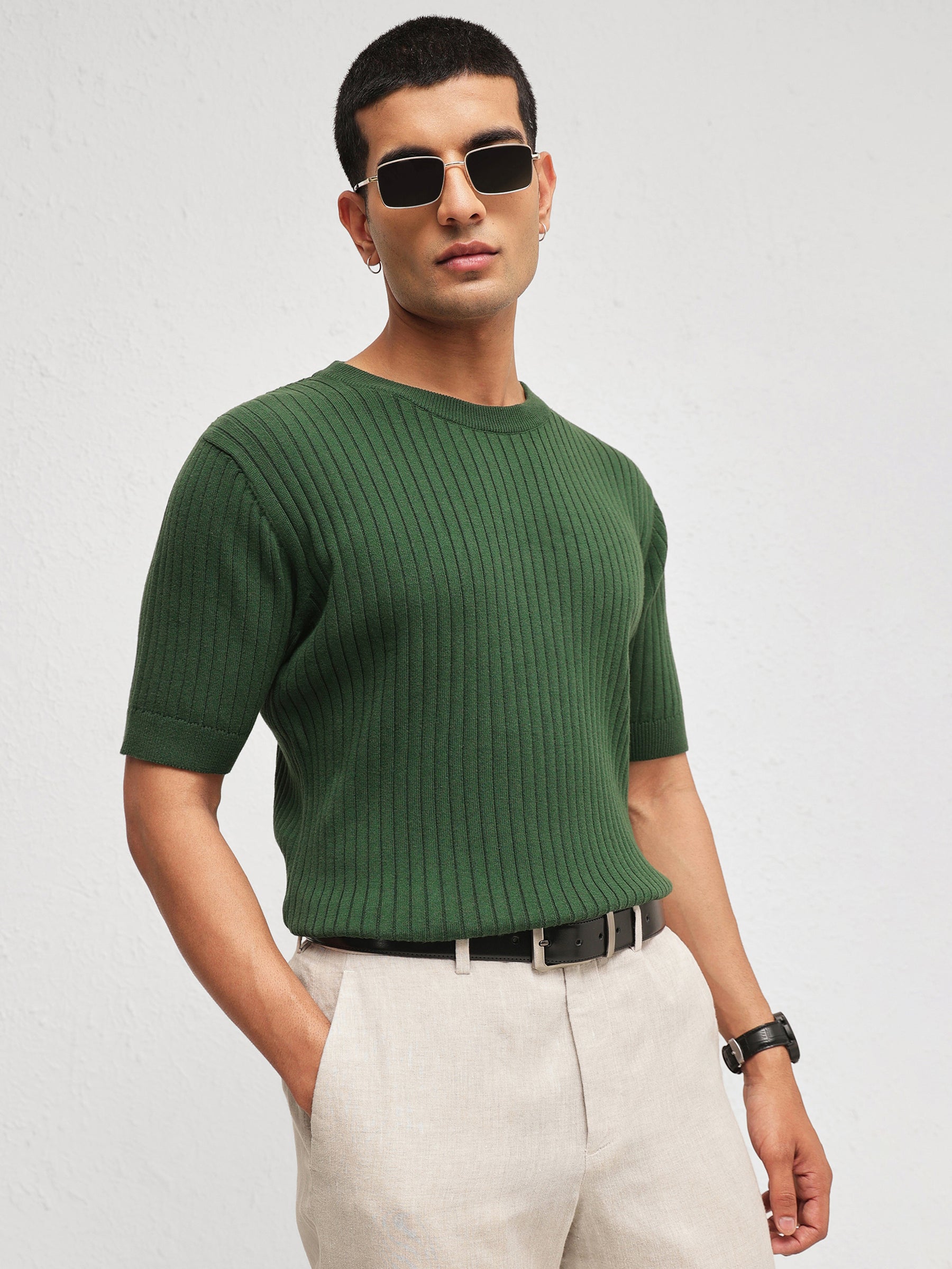 Emelard Green Round Neck Relax Fit T-Shirt-MASCLN SASSAFRAS