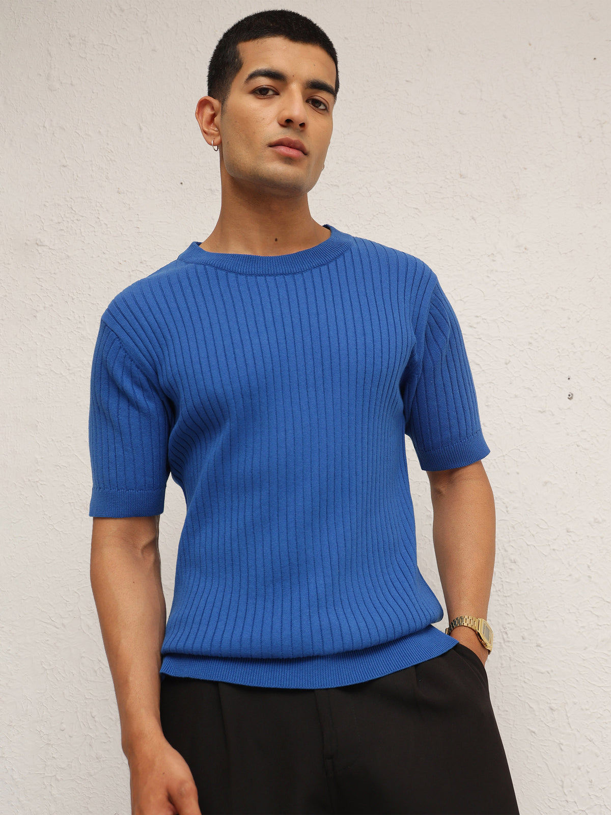 Blue Relax Fit Round Neck T-Shirt-MASCLN SASSAFRAS