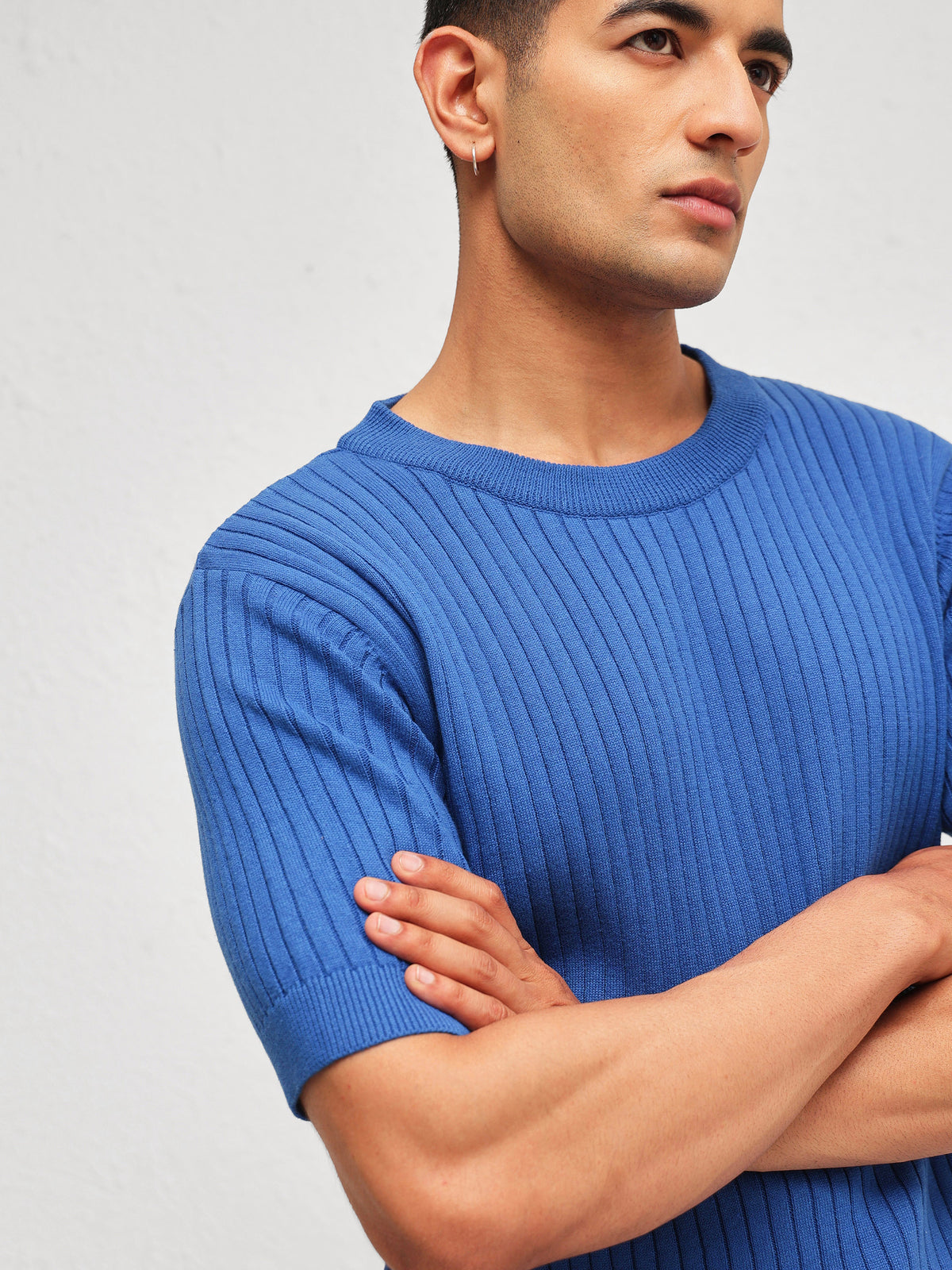 Blue Relax Fit Round Neck T-Shirt-MASCLN SASSAFRAS