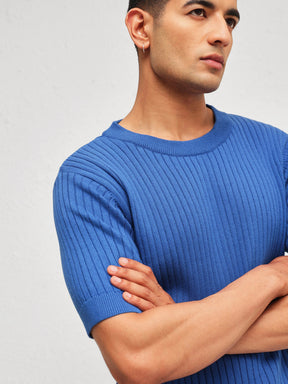Blue Relax Fit Round Neck T-Shirt-MASCLN SASSAFRAS