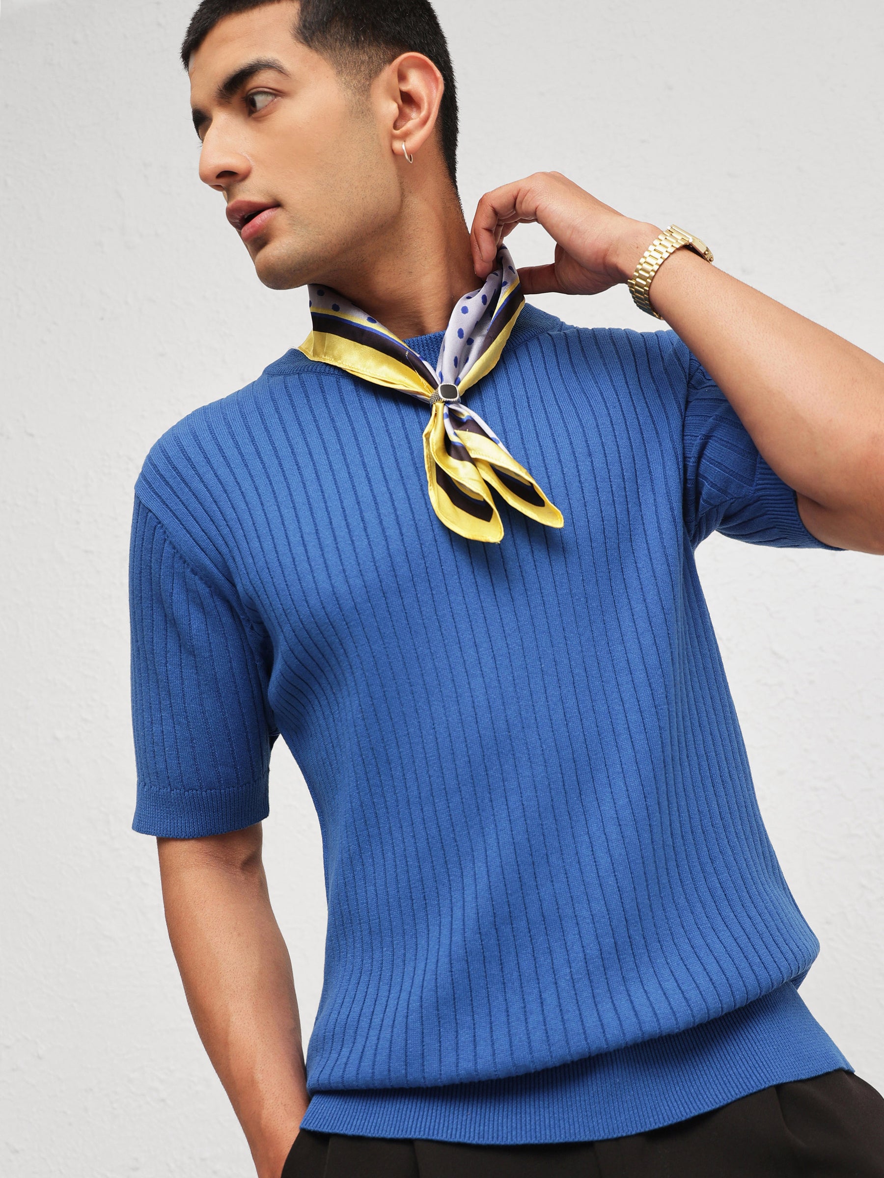 Blue Relax Fit Round Neck T-Shirt-MASCLN SASSAFRAS