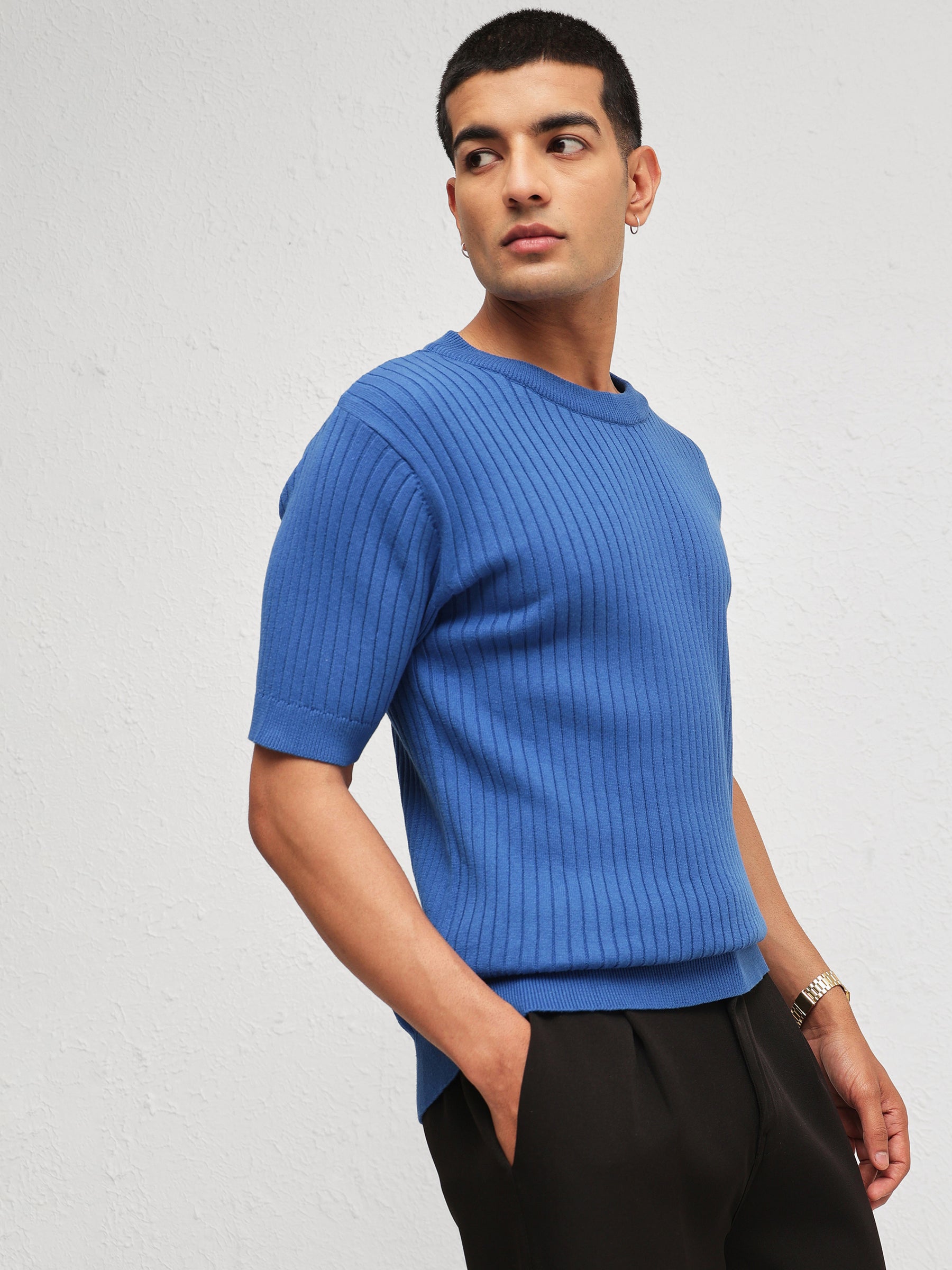 Blue Relax Fit Round Neck T-Shirt-MASCLN SASSAFRAS