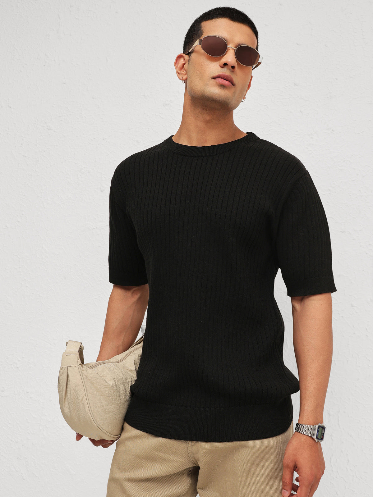 Black Relax Fit Round Neck T-Shirt-MASCLN SASSAFRAS