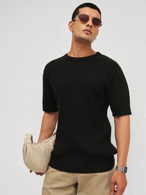 Black Relax Fit Round Neck T-Shirt-MASCLN SASSAFRAS