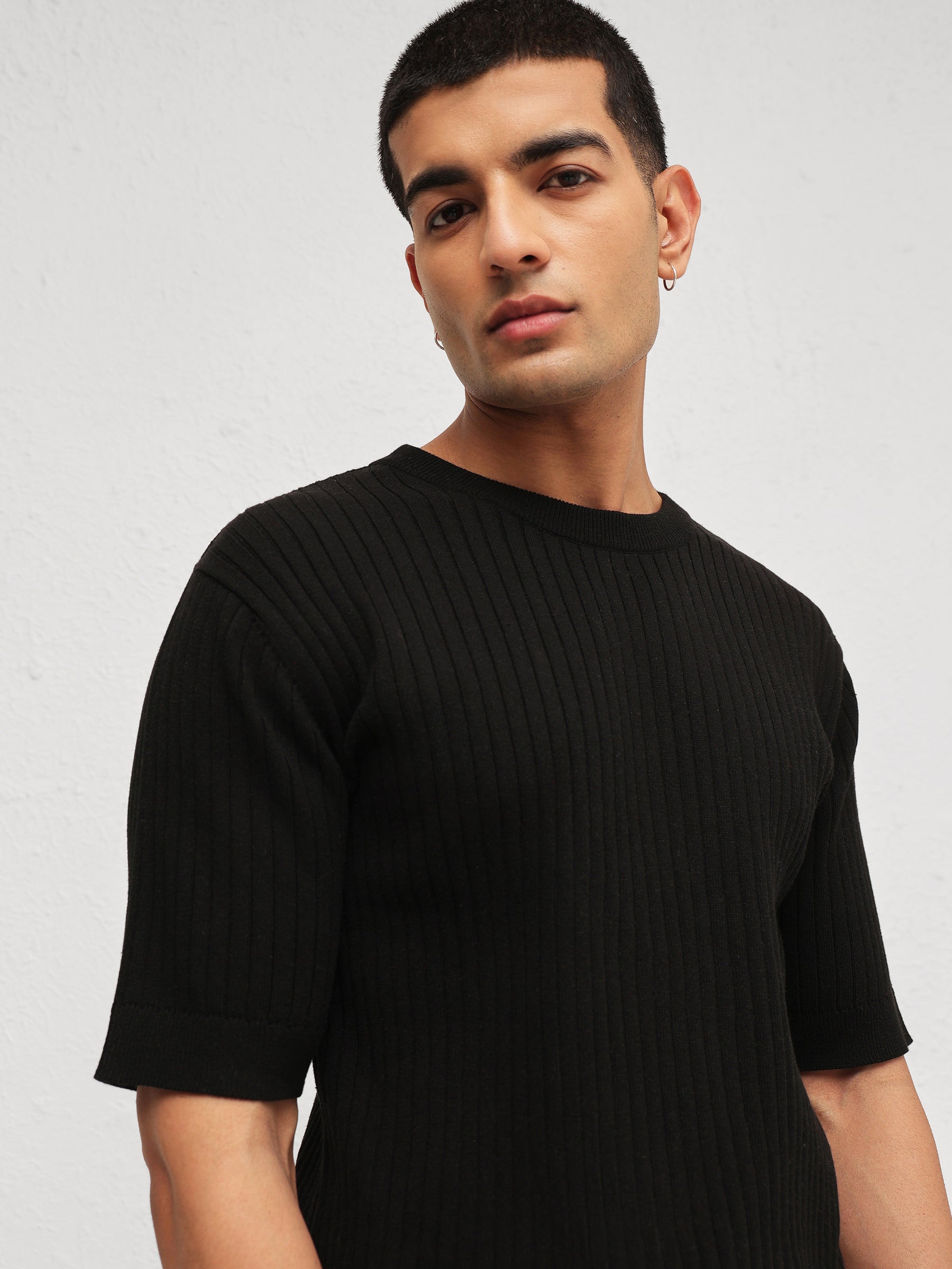 Black Relax Fit Round Neck T-Shirt-MASCLN SASSAFRAS