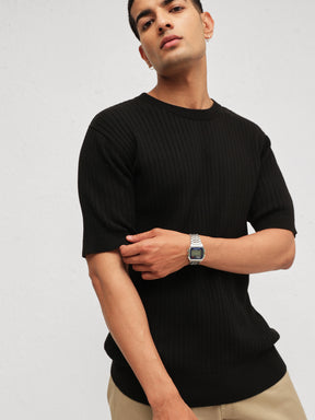 Black Relax Fit Round Neck T-Shirt-MASCLN SASSAFRAS