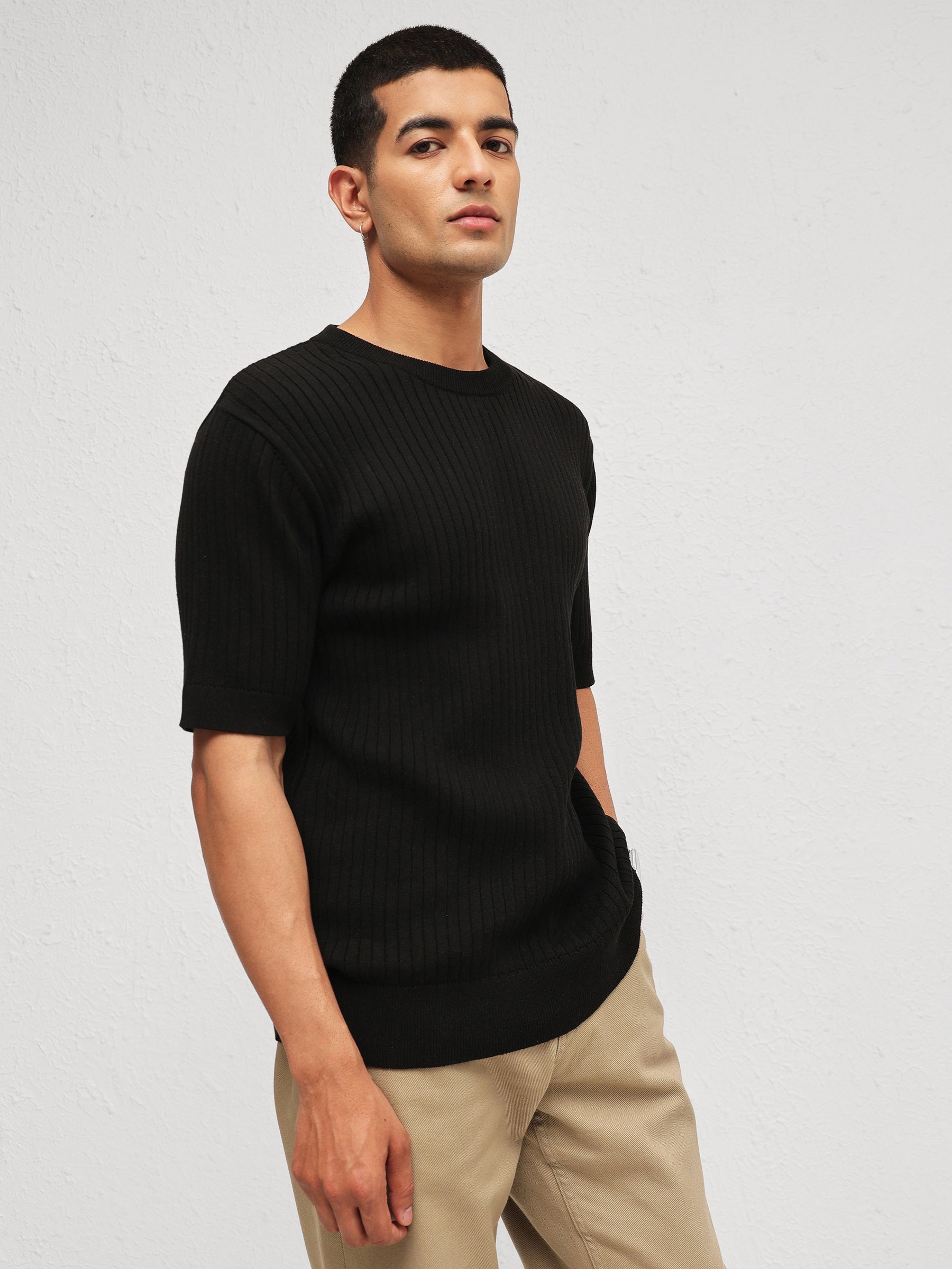 Black Relax Fit Round Neck T-Shirt-MASCLN SASSAFRAS
