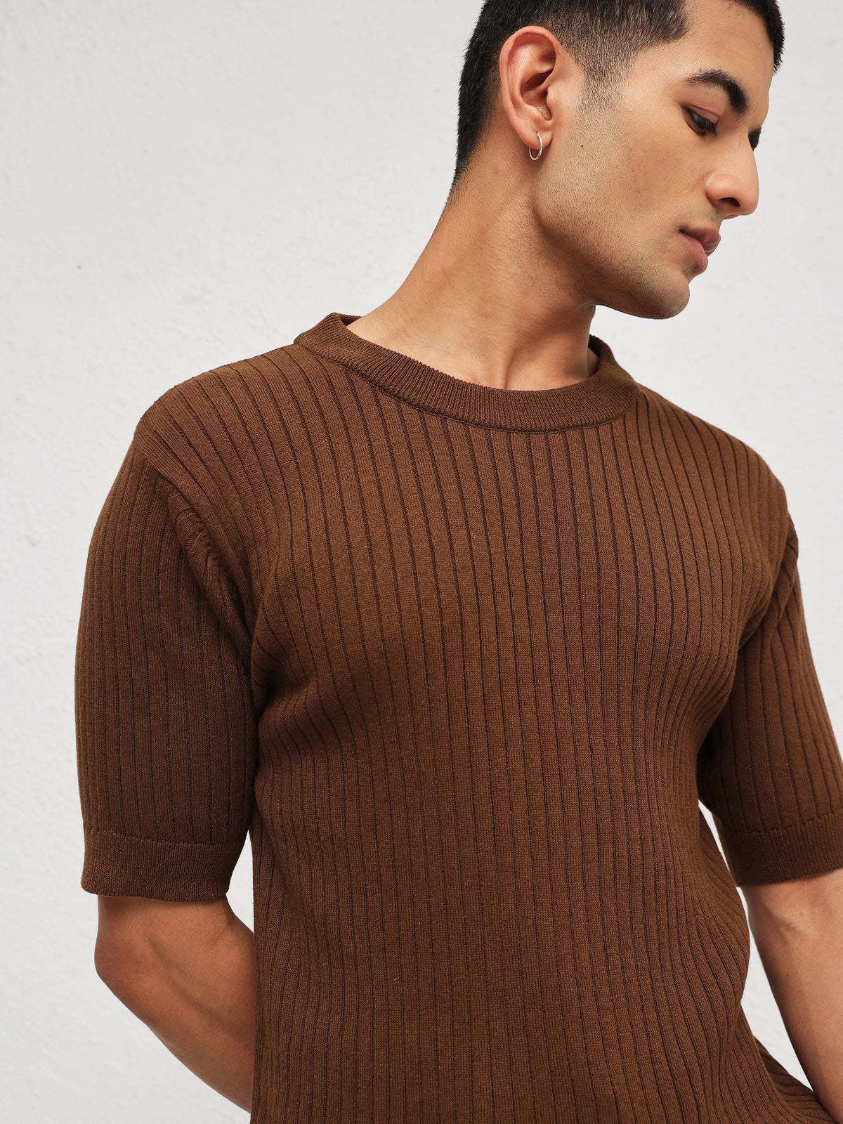Brown Relax Fit Round Neck T-Shirt-MASCLN SASSAFRAS