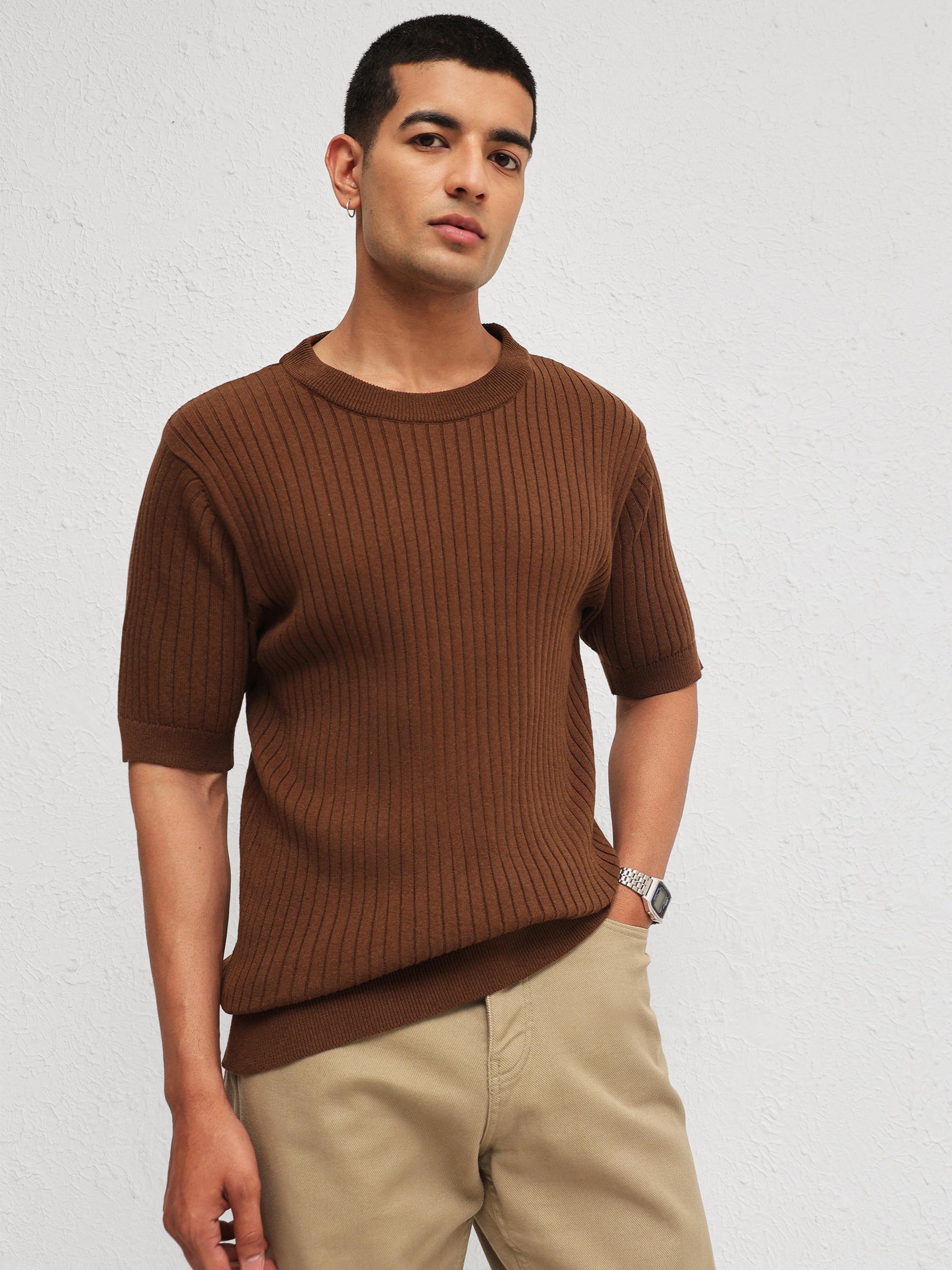 Brown Relax Fit Round Neck T-Shirt-MASCLN SASSAFRAS
