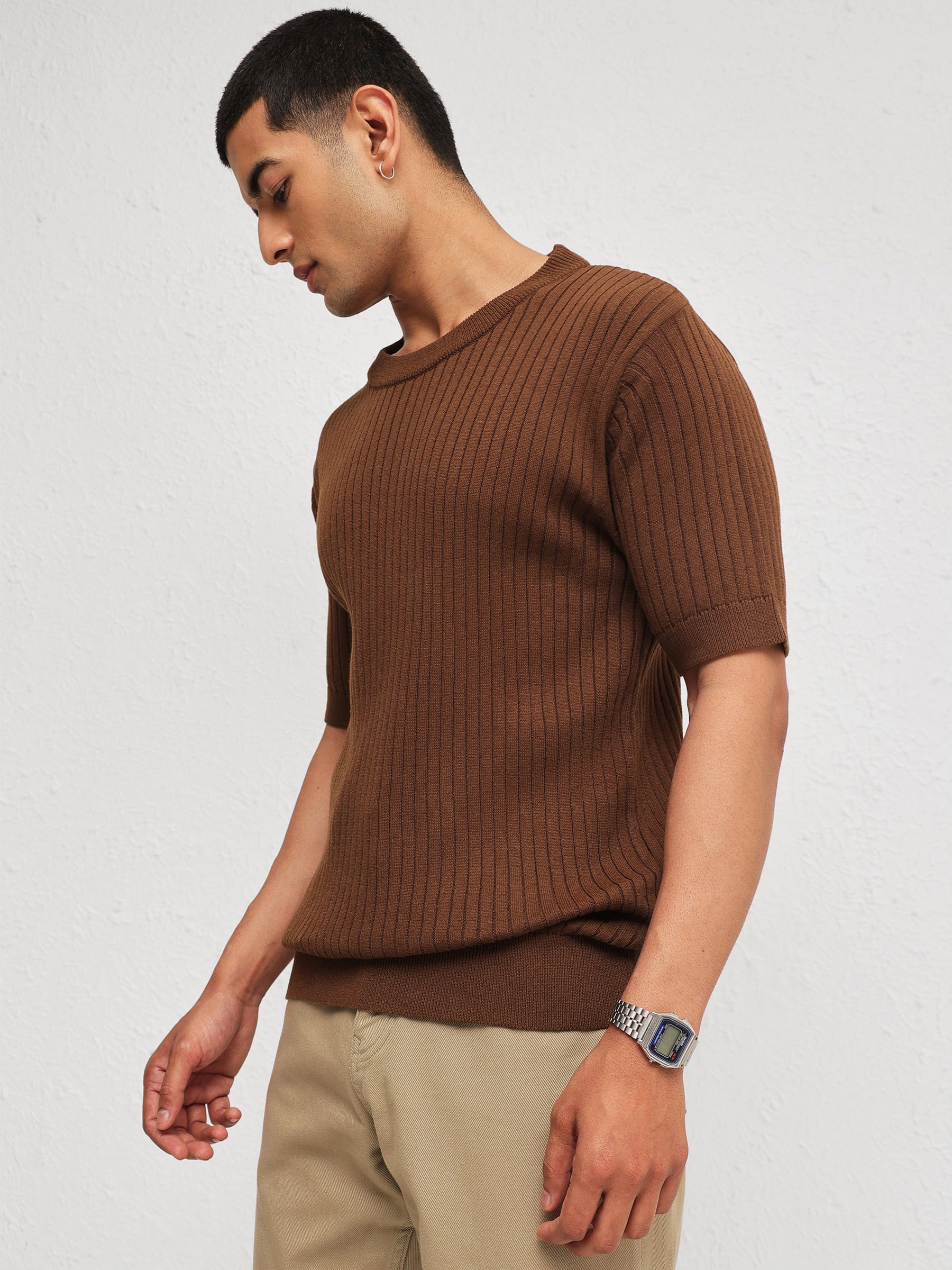 Brown Relax Fit Round Neck T-Shirt-MASCLN SASSAFRAS