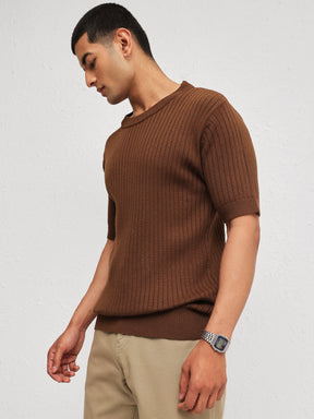Brown Relax Fit Round Neck T-Shirt-MASCLN SASSAFRAS