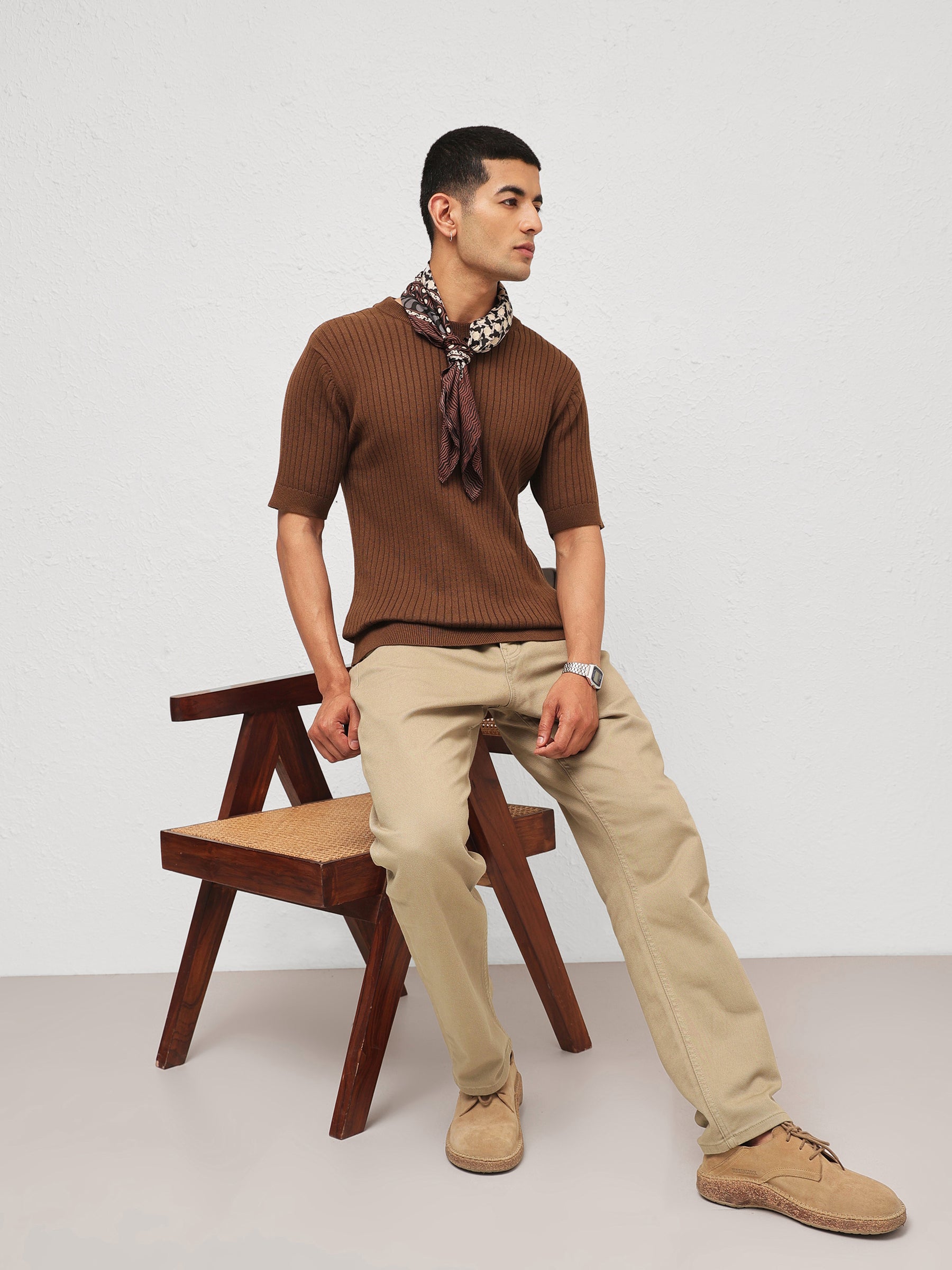 Men Brown Relax Fit Round Neck T-Shirt
