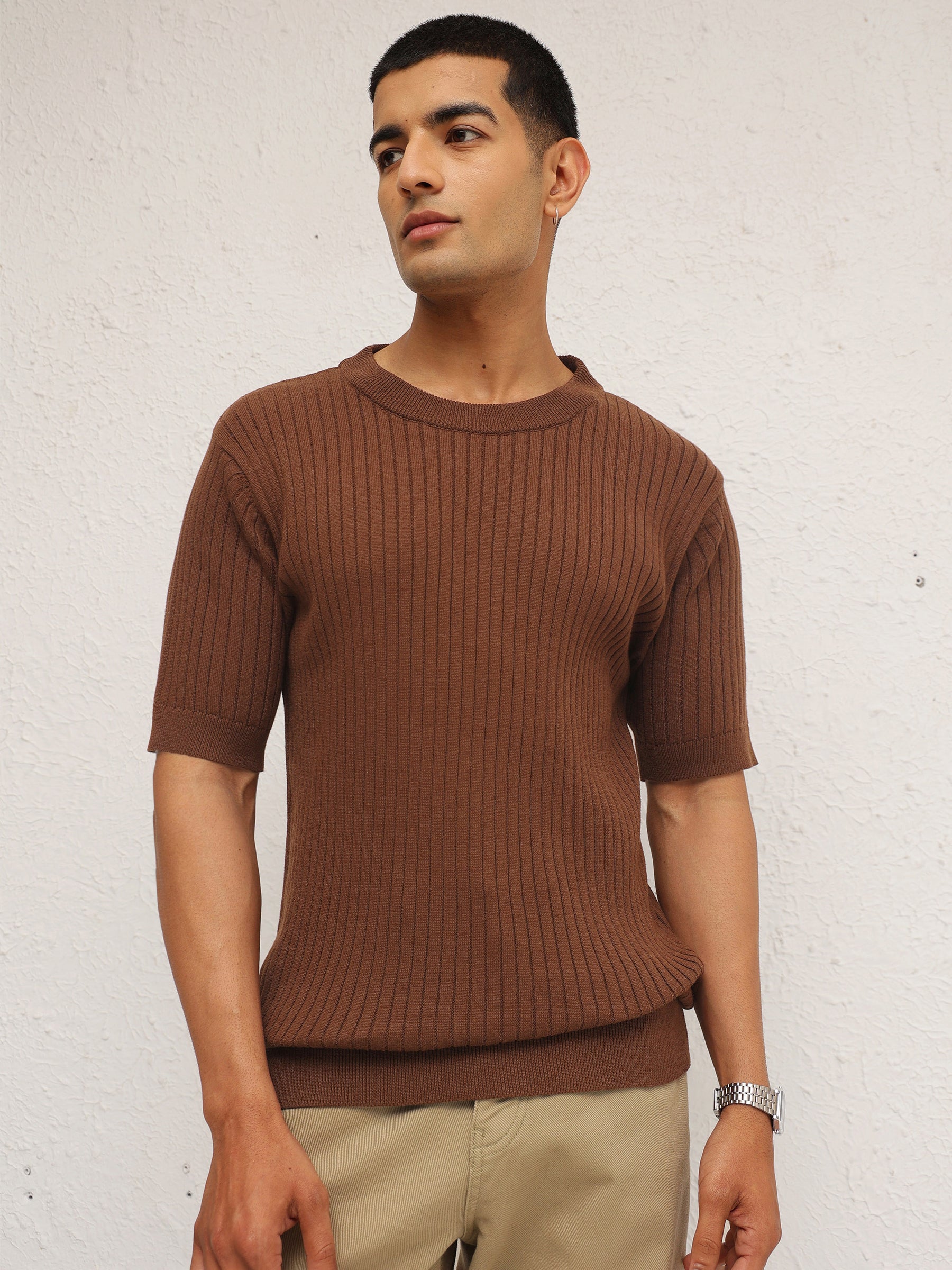 Men Brown Relax Fit Round Neck T-Shirt