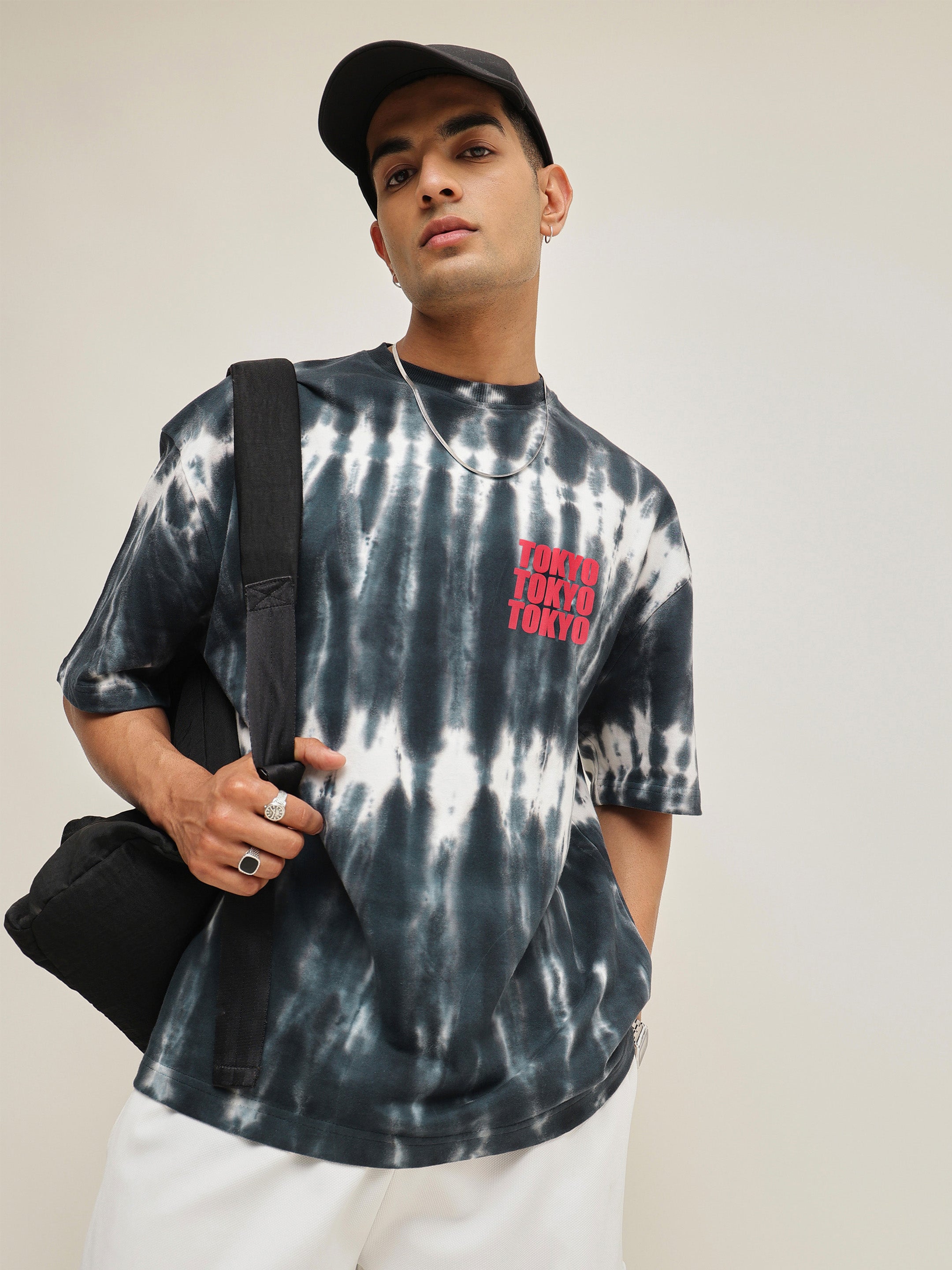Buy Men Black & White Tie-dye TOKYO Oversize T-Shirt Online at