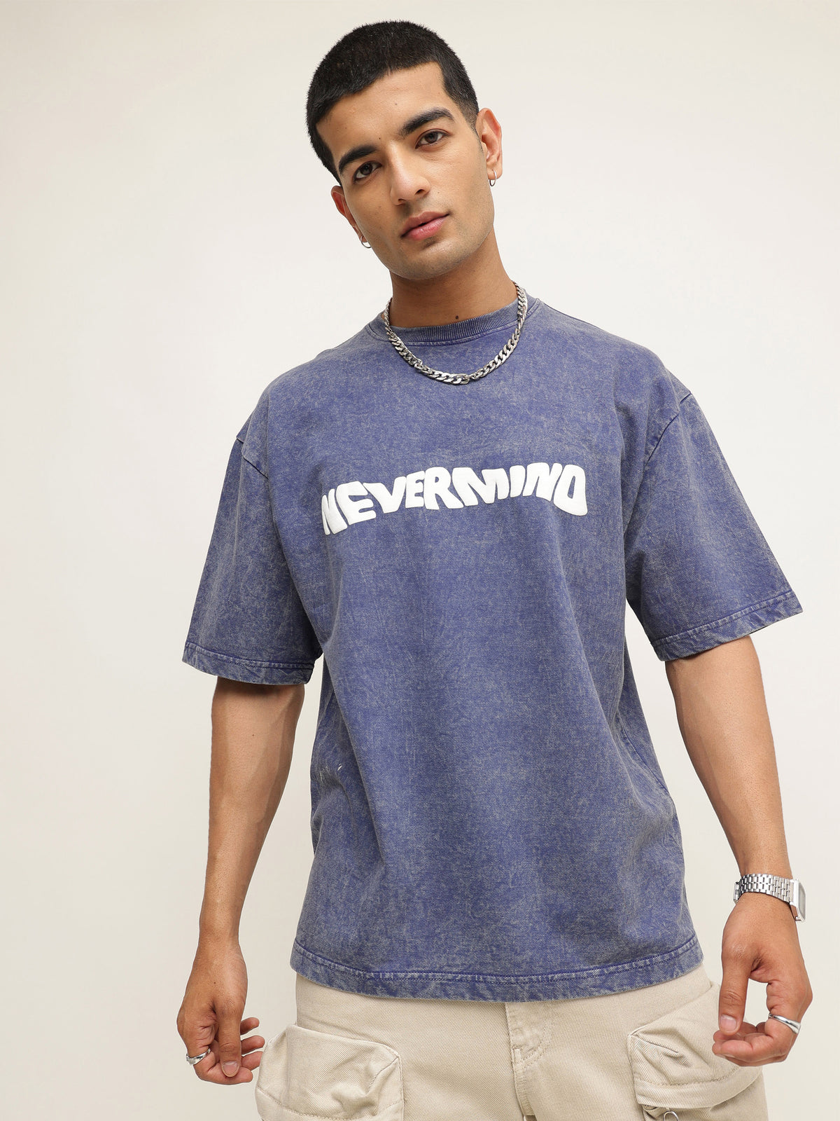 Navy Blue Overdye NEVERMIND Oversize T-Shirt-MASCLN SASSAFRAS
