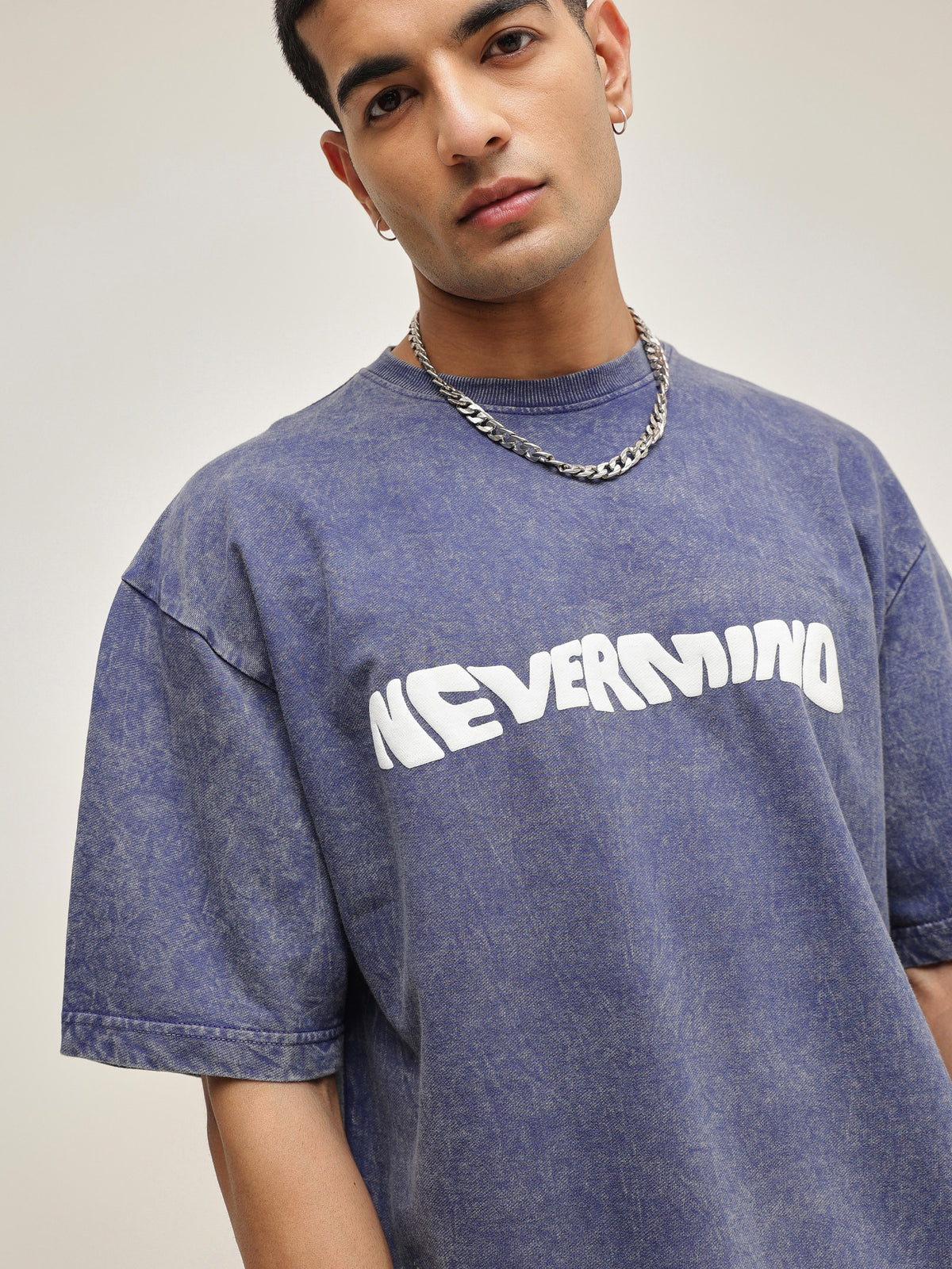 Navy Blue Overdye NEVERMIND Oversize T-Shirt-MASCLN SASSAFRAS
