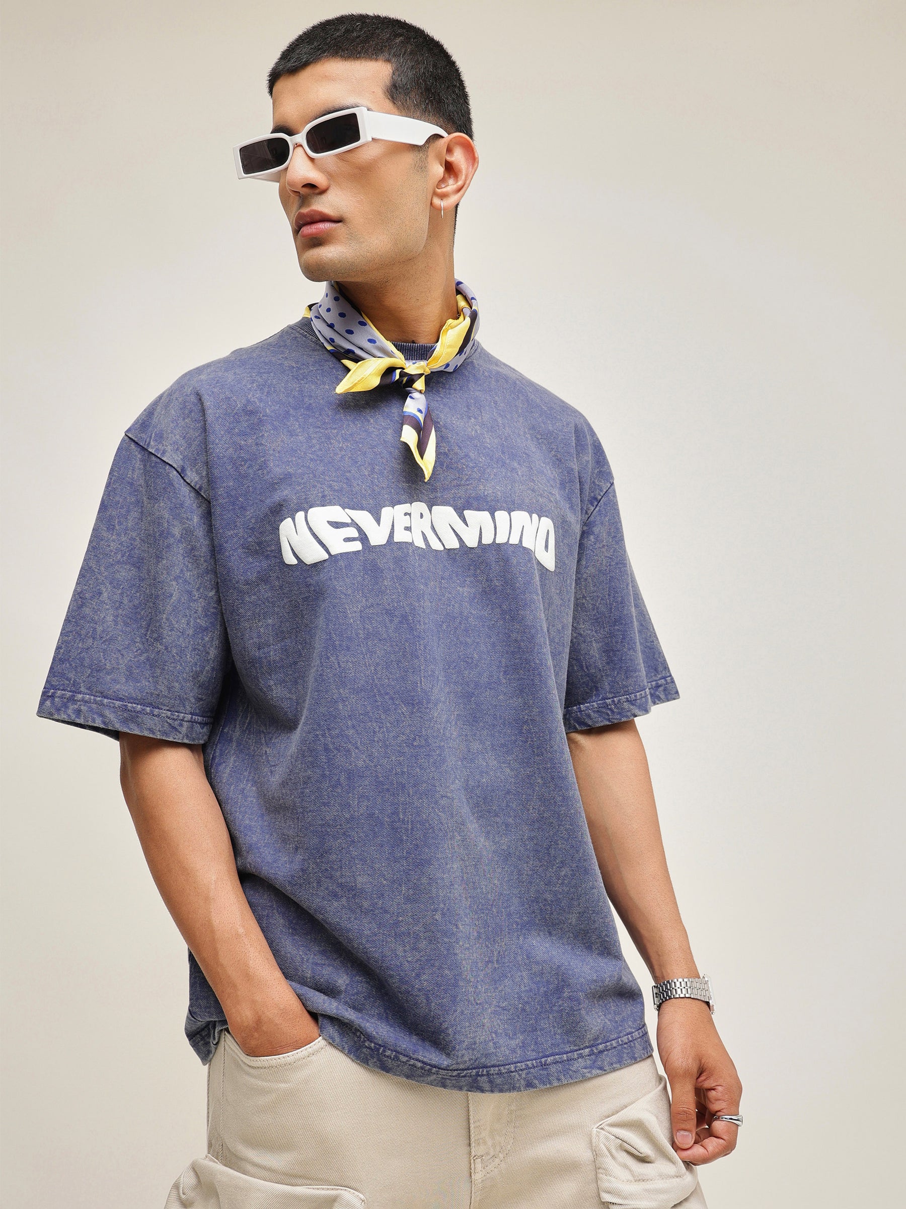 Navy Blue Overdye NEVERMIND Oversize T-Shirt-MASCLN SASSAFRAS