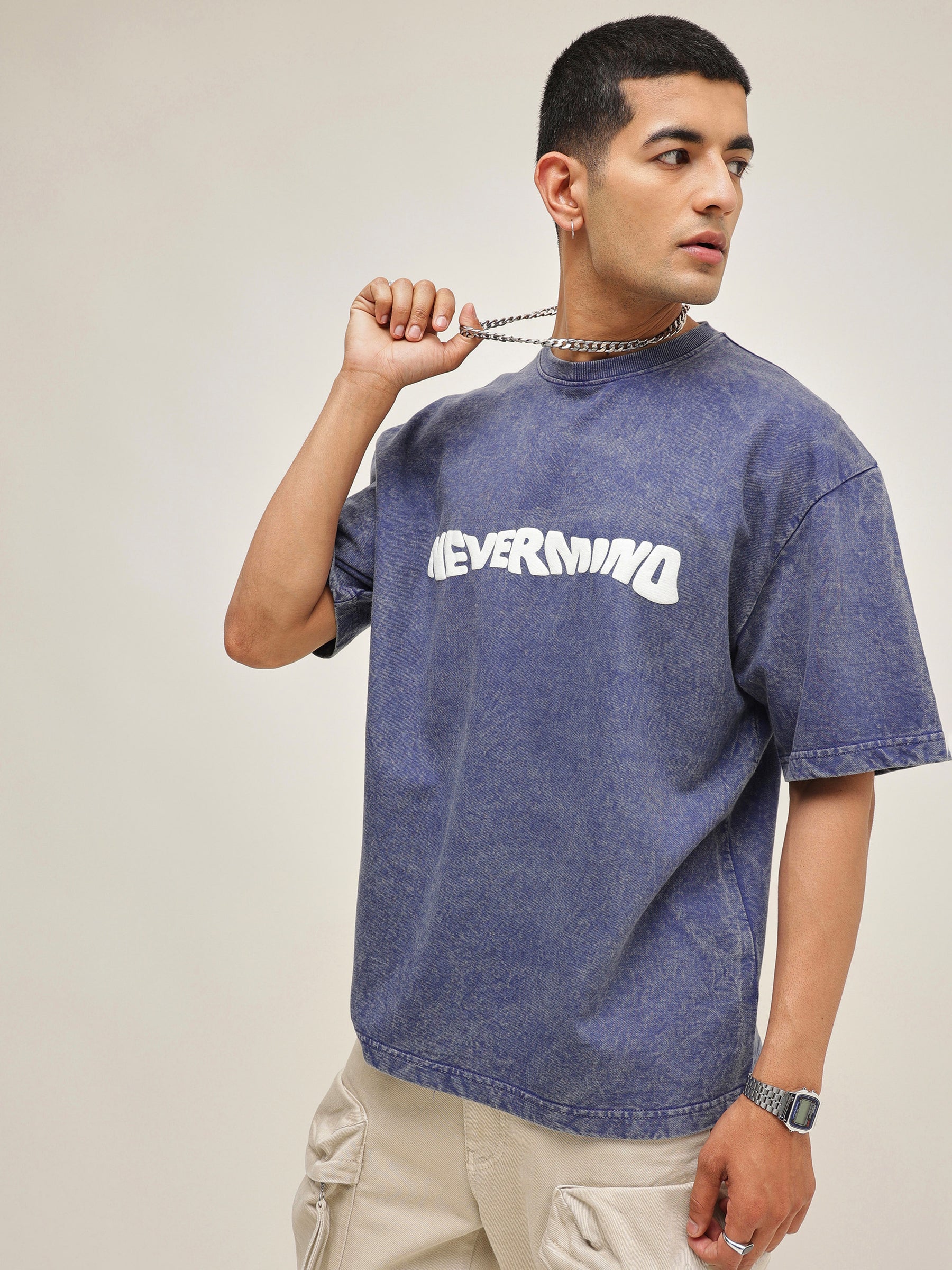 Navy Blue Overdye NEVERMIND Oversize T-Shirt-MASCLN SASSAFRAS