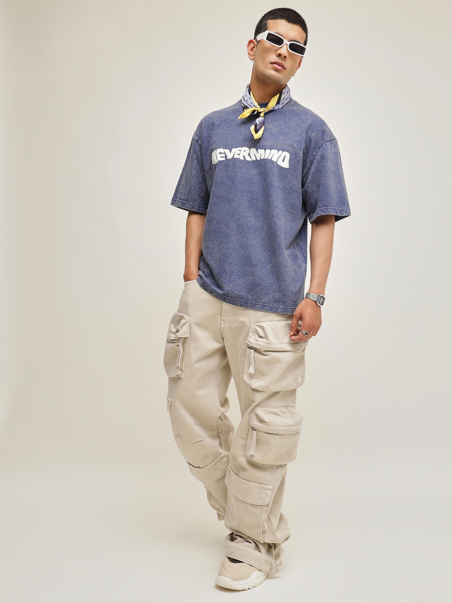 Men Navy Blue Overdye NEVERMIND Oversize T-Shirt