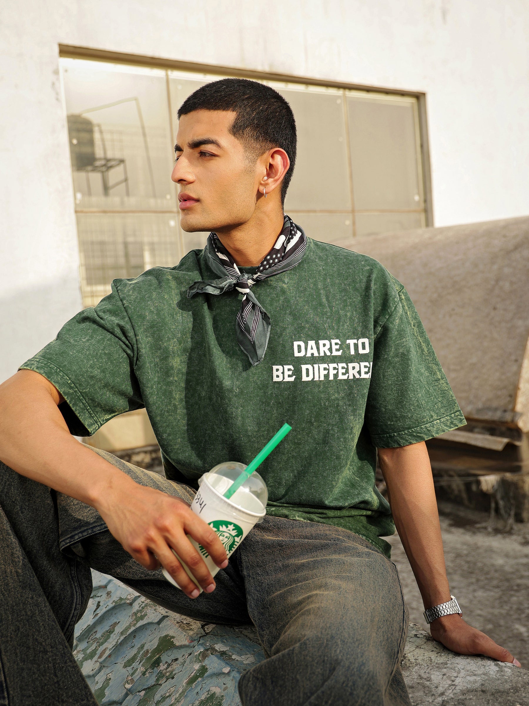 Men Emerald Green Overdye DARE TO BE DIFFERENT Oversize T-Shirt