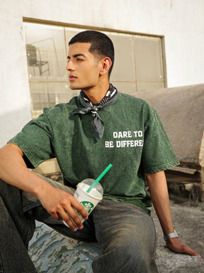 Men Emerald Green Overdye DARE TO BE DIFFERENT Oversize T-Shirt