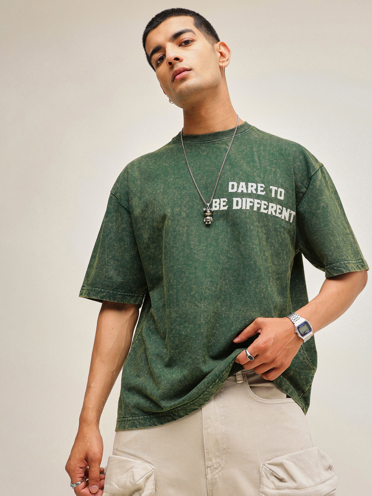 Emerald Green Overdye DARE TO BE DIFFERENT Oversize T-Shirt-MASCLN SASSAFRAS