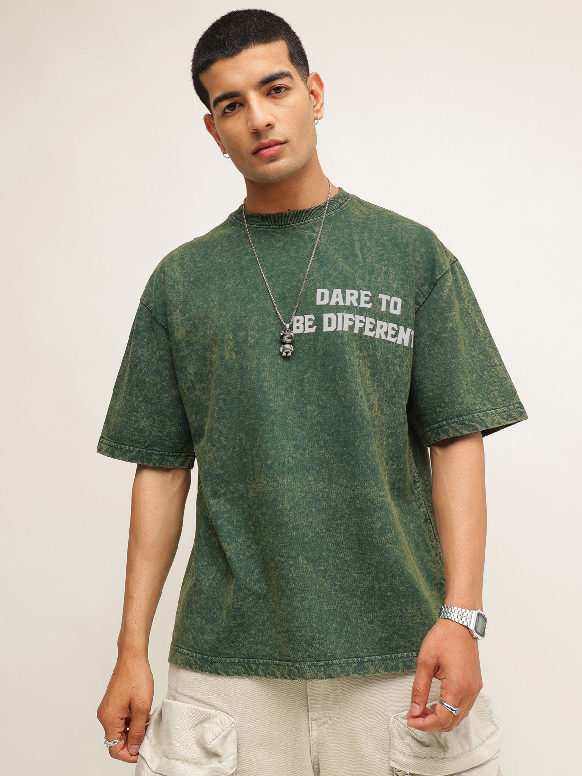 Emerald Green Overdye DARE TO BE DIFFERENT Oversize T-Shirt-MASCLN SASSAFRAS