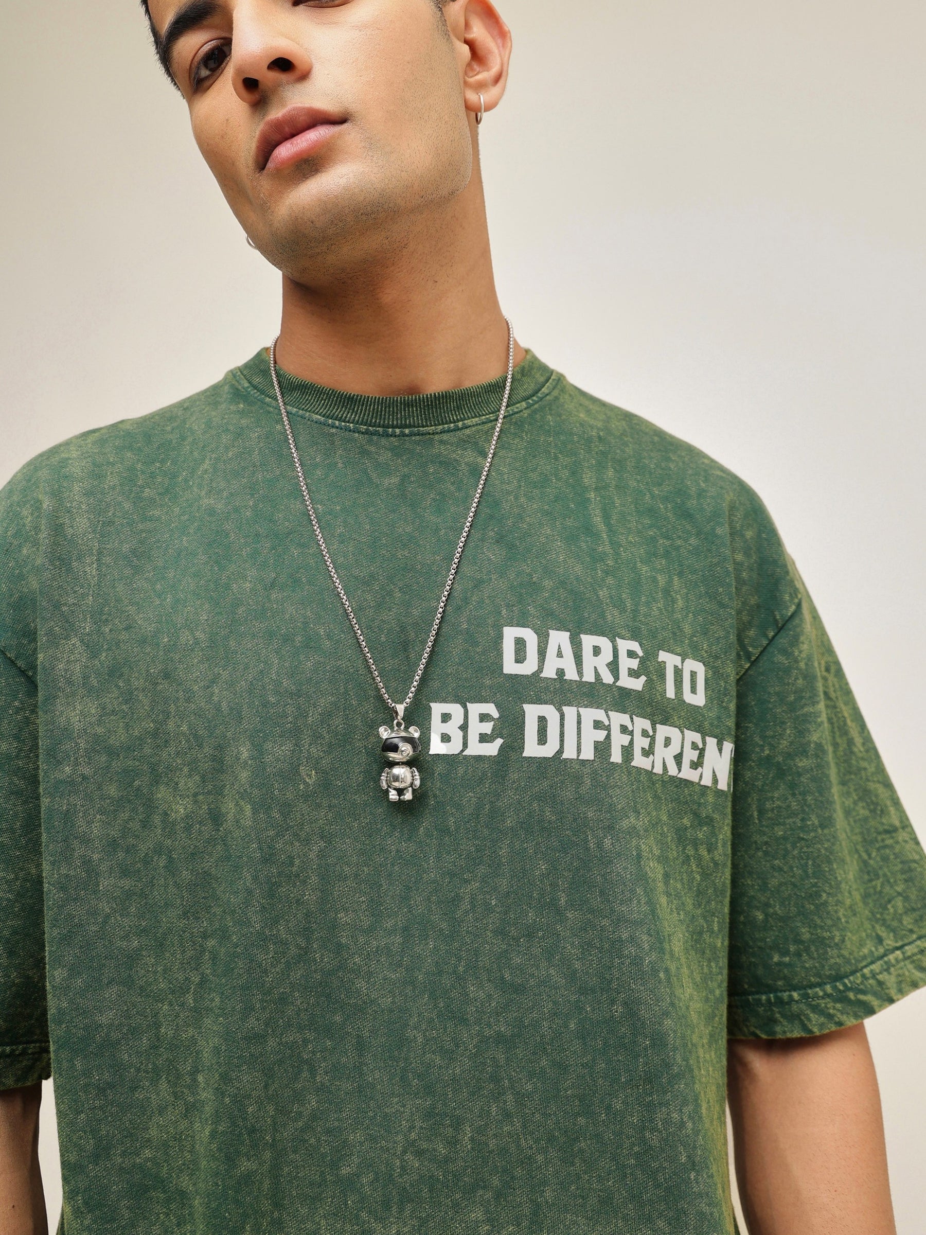 Emerald Green Overdye DARE TO BE DIFFERENT Oversize T-Shirt-MASCLN SASSAFRAS