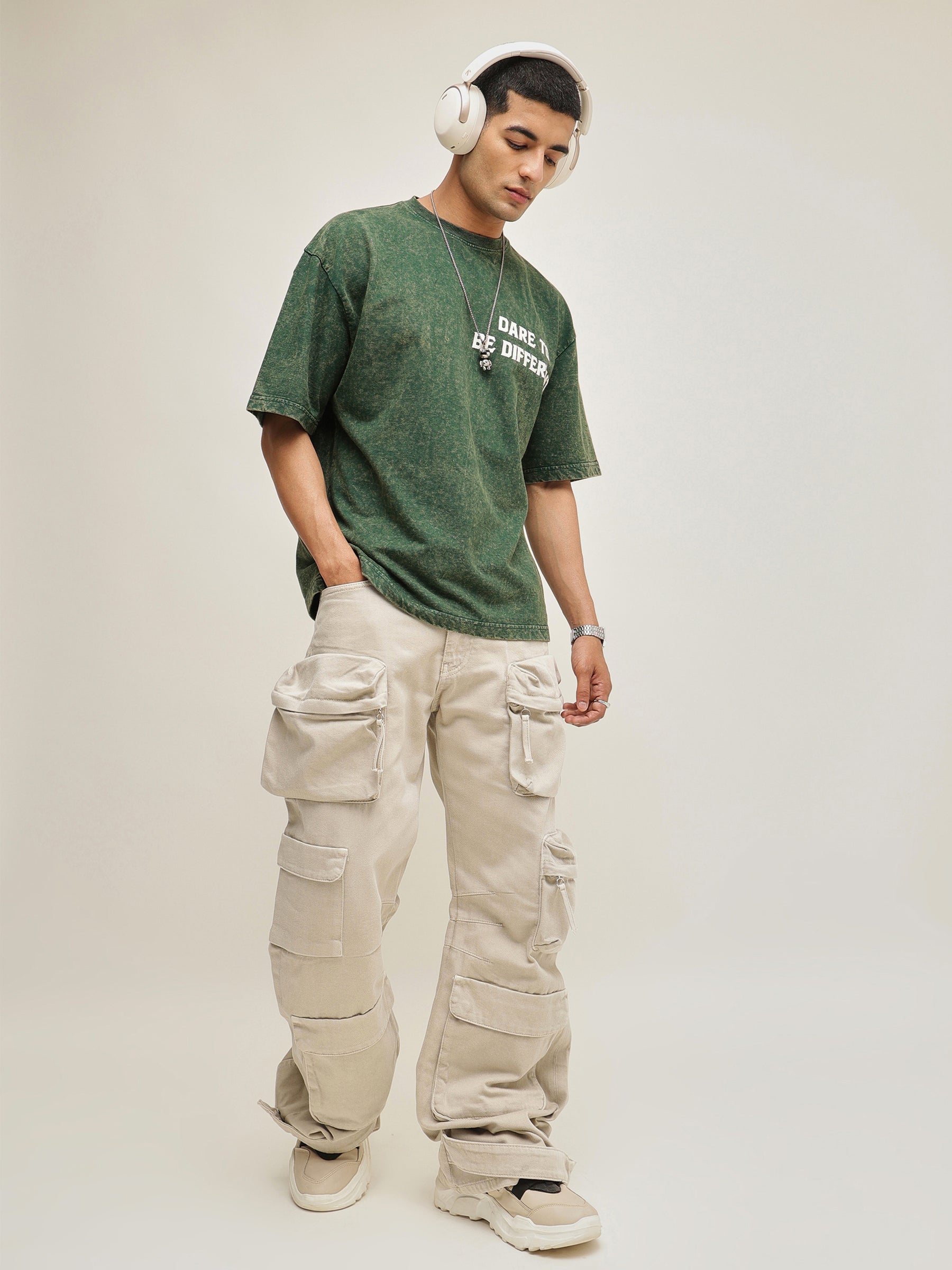 Men Emerald Green Overdye DARE TO BE DIFFERENT Oversize T-Shirt