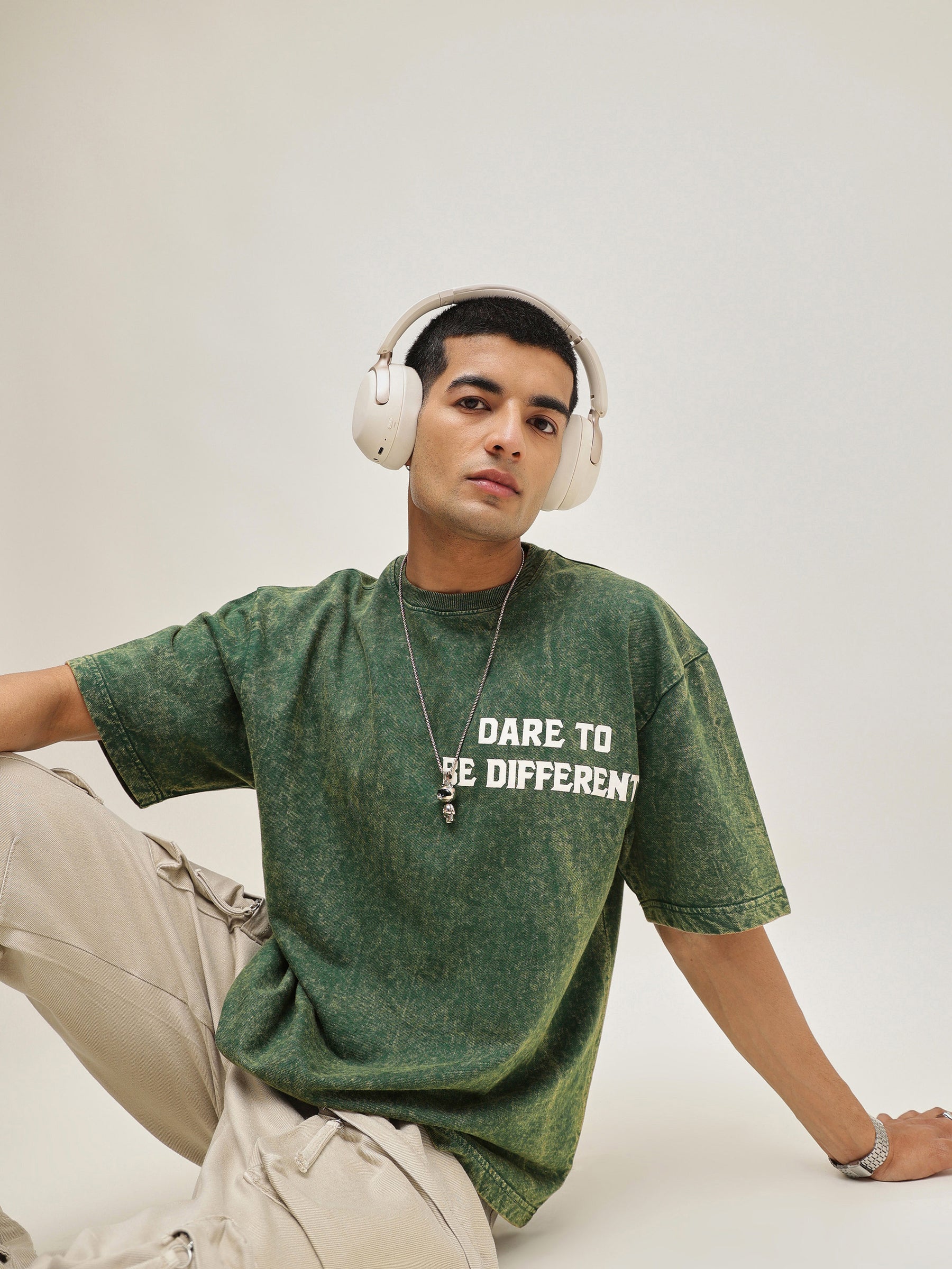 Men Emerald Green Overdye DARE TO BE DIFFERENT Oversize T-Shirt