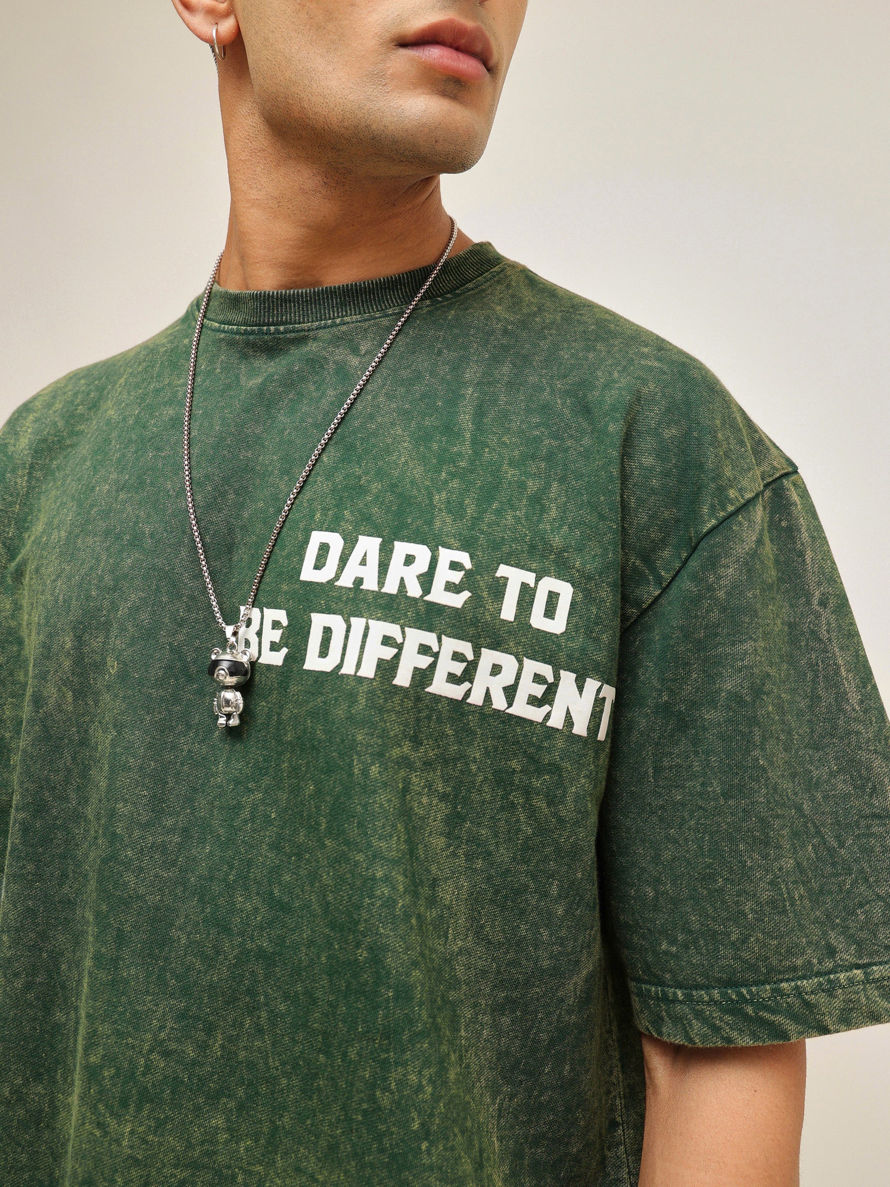 Men Emerald Green Overdye DARE TO BE DIFFERENT Oversize T-Shirt