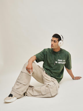 Men Emerald Green Overdye DARE TO BE DIFFERENT Oversize T-Shirt