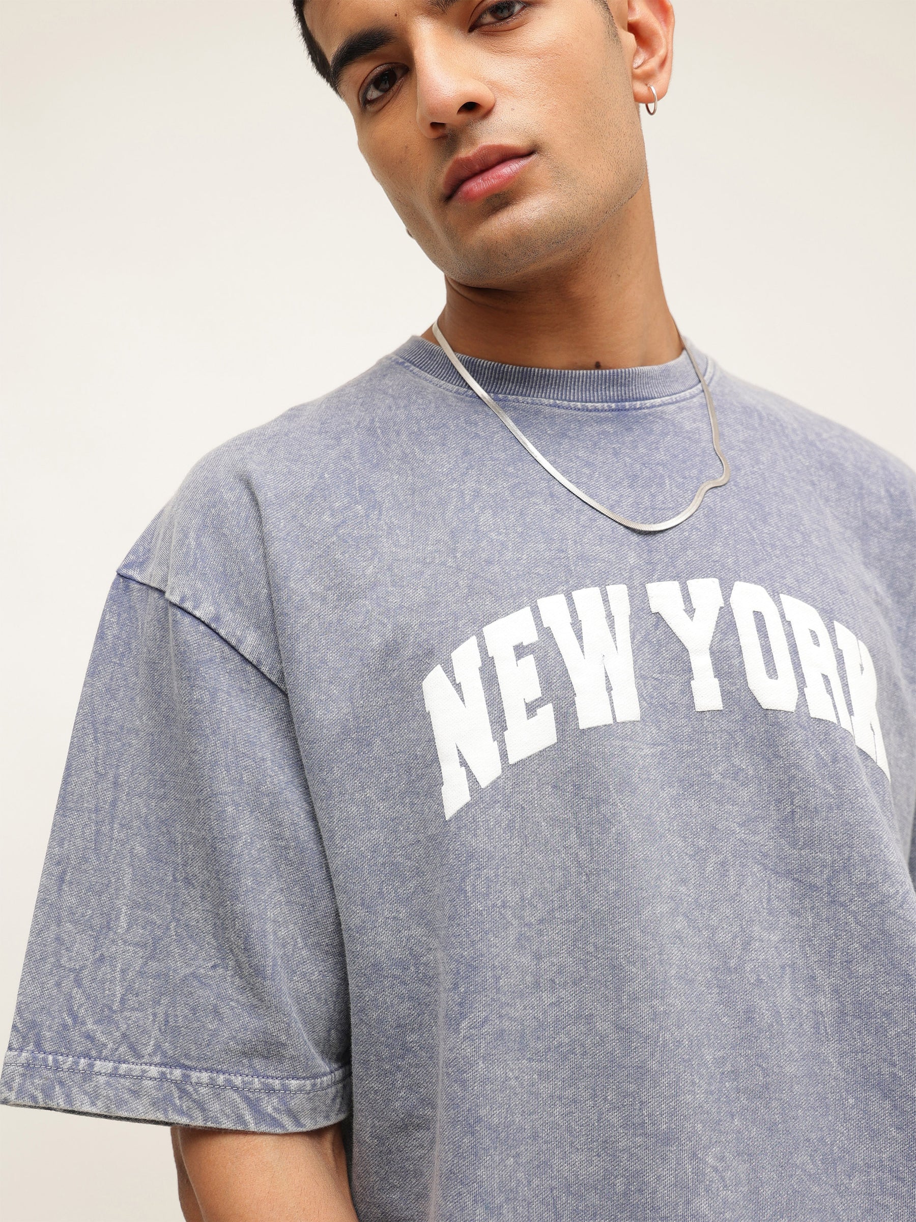 Men Blue Overdye NEW YORK Oversize T-Shirt