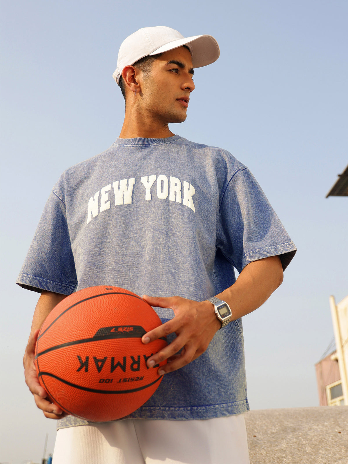 Blue Overdye NEW YORK Oversize T-Shirt-MASCLN SASSAFRAS