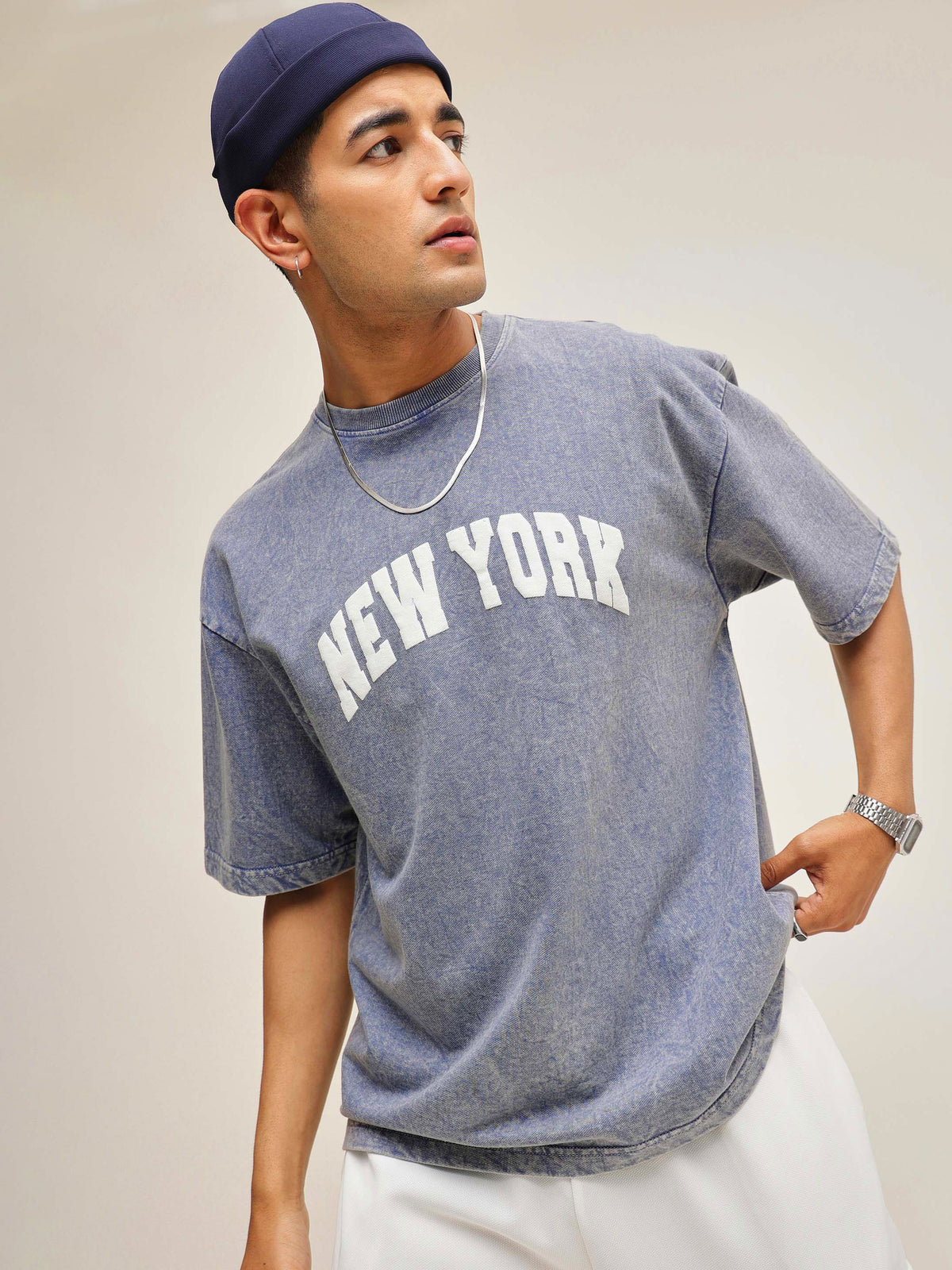 Blue Overdye NEW YORK Oversize T-Shirt-MASCLN SASSAFRAS