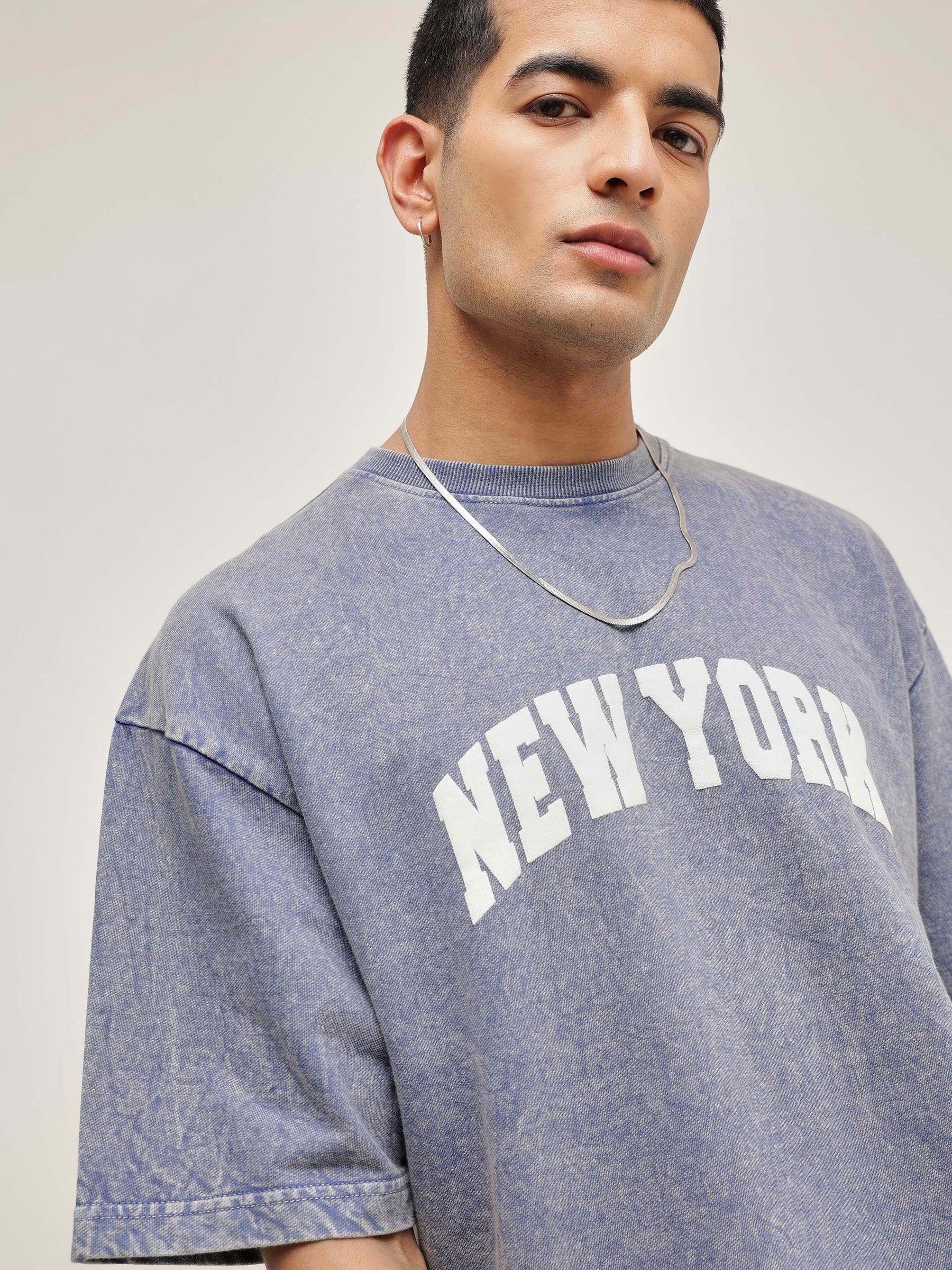Blue Overdye NEW YORK Oversize T-Shirt-MASCLN SASSAFRAS
