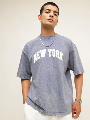 Men Blue Overdye NEW YORK Oversize T-Shirt