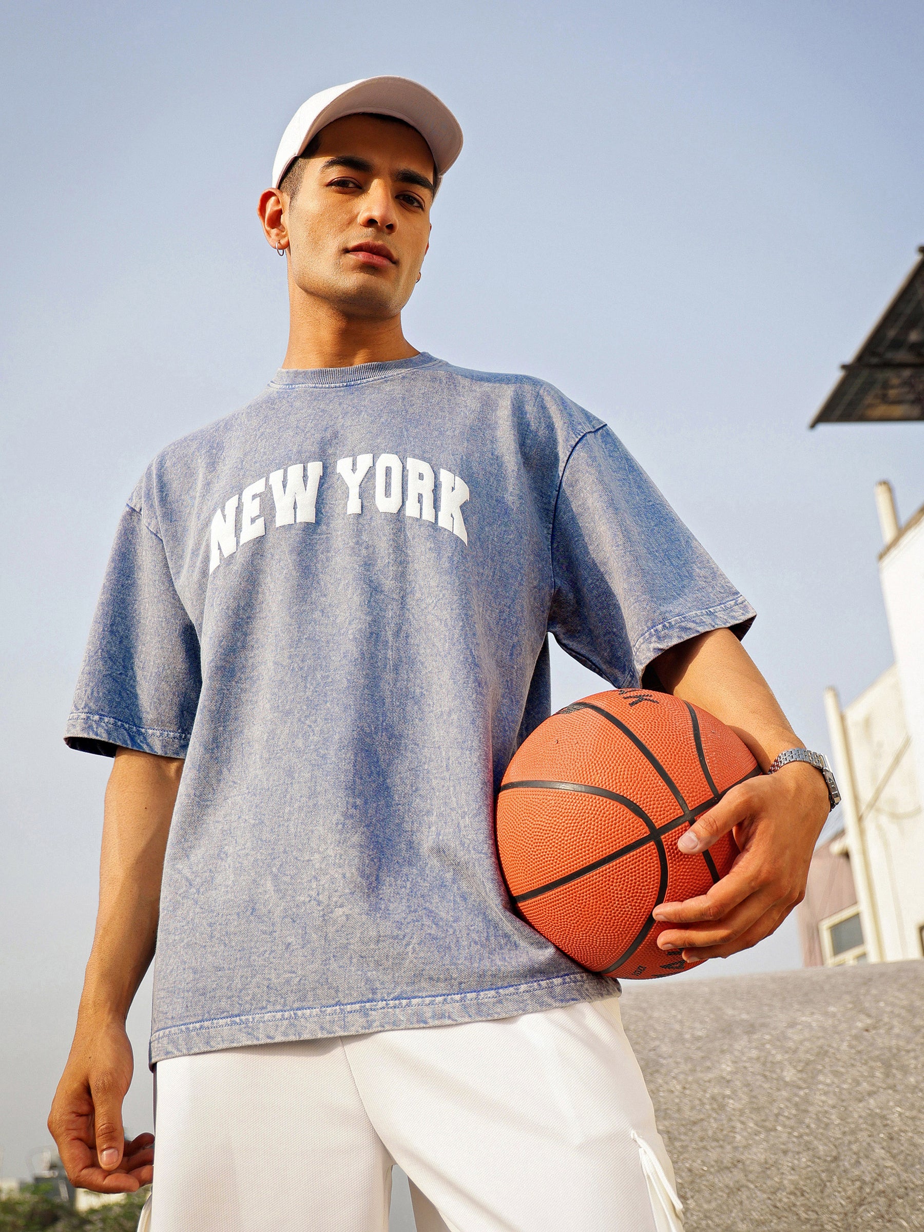 Men Blue Overdye NEW YORK Oversize T-Shirt