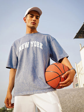 Men Blue Overdye NEW YORK Oversize T-Shirt