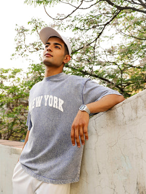 Men Blue Overdye NEW YORK Oversize T-Shirt