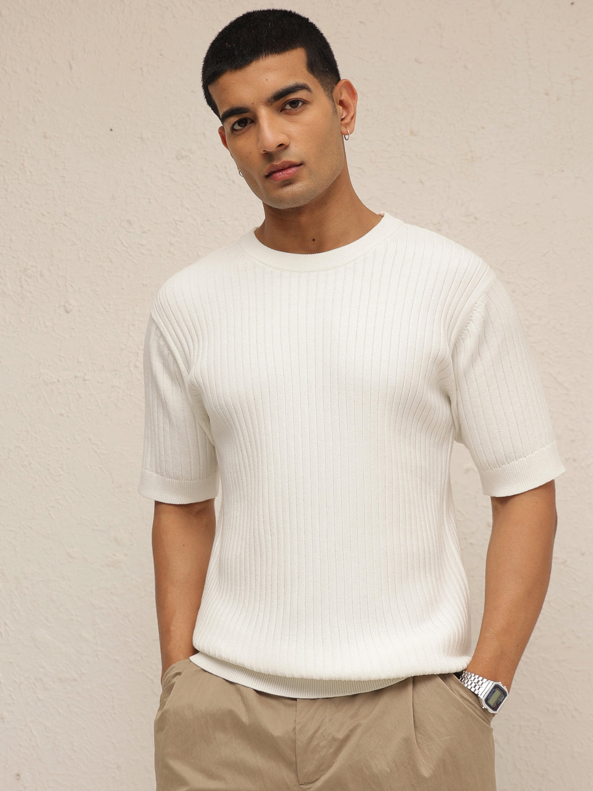 White Relax Fit Round Neck T-Shirt-MASCLN SASSAFRAS