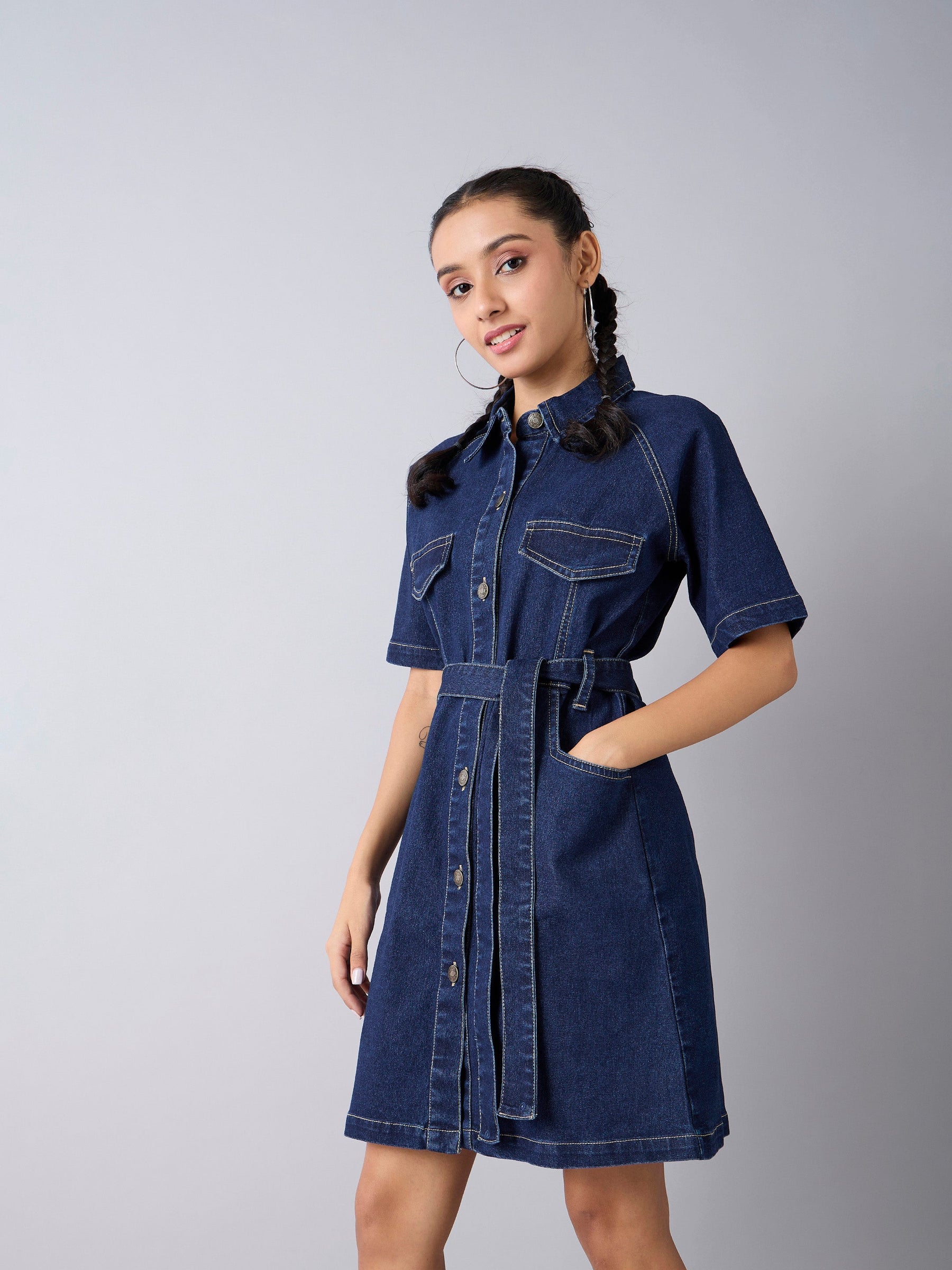 Girls Blue Acid Wash Denim Shirt Dress - Main Image